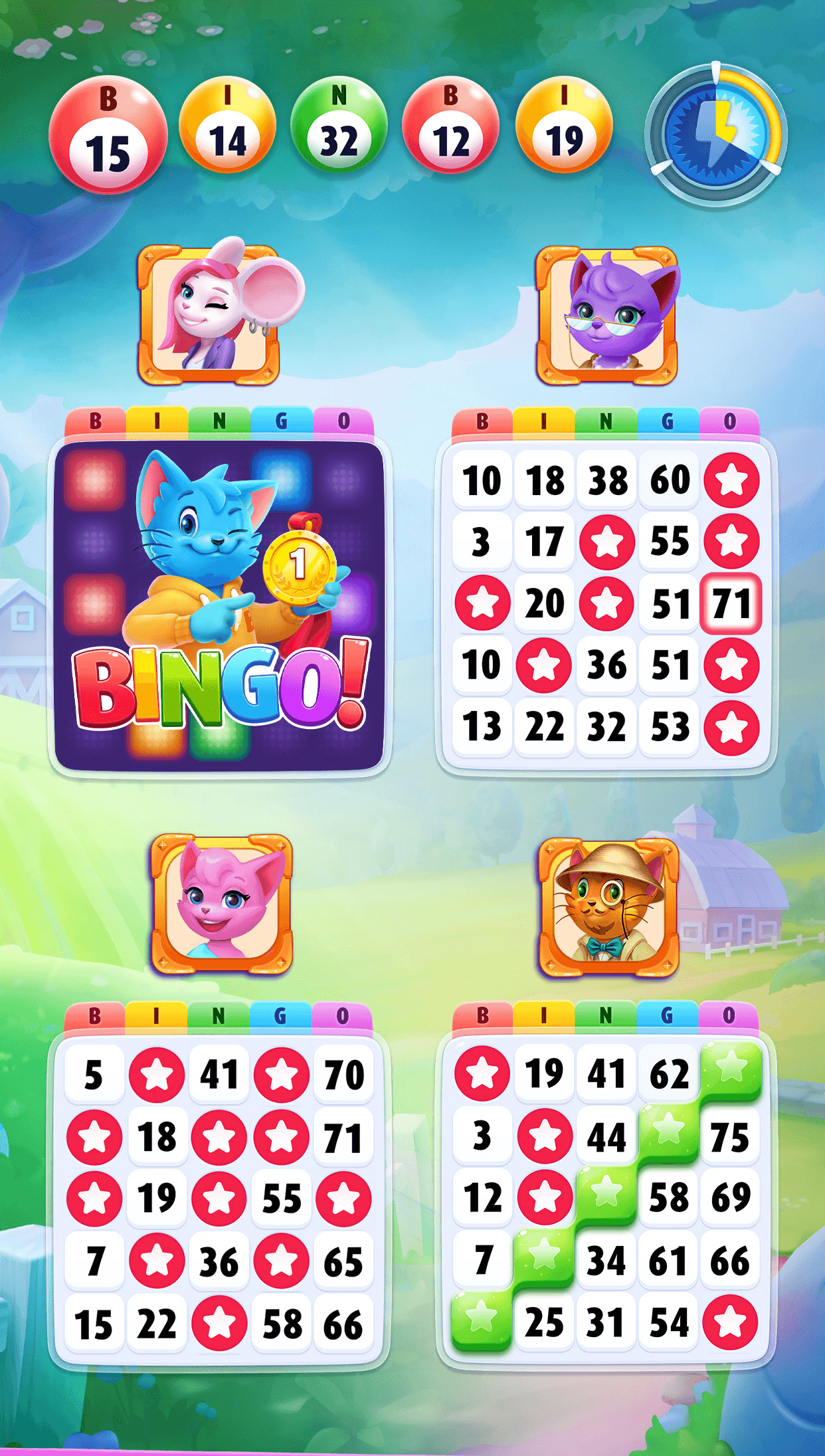Four Bingo Blitz cards in play with called balls across the top and a countdown timer