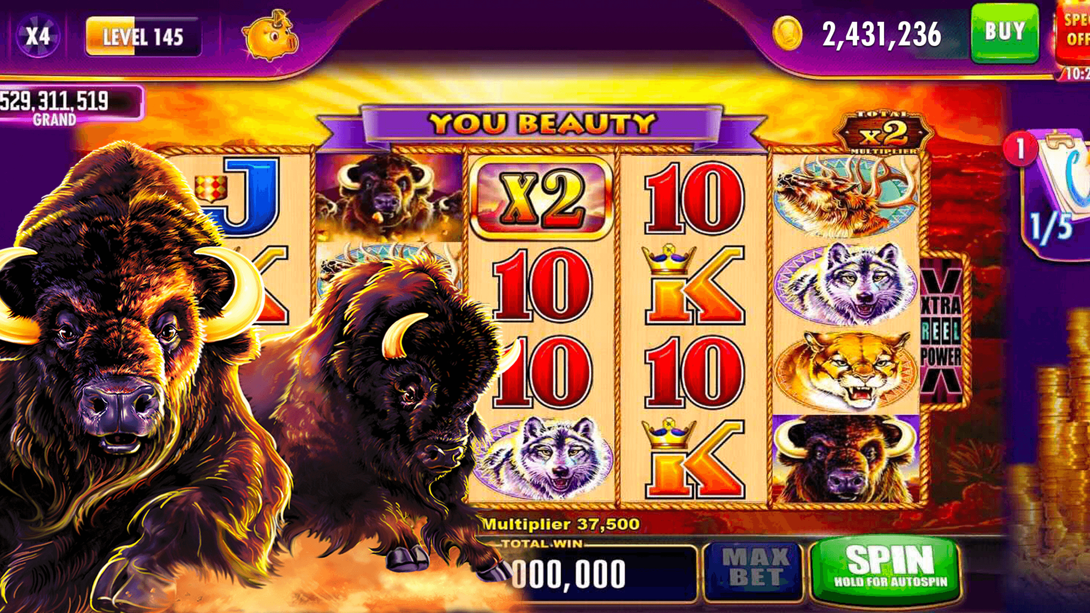 A Buffalo-themed slot in Cashman Casino with a x2 multiplier above the reels and the level and coin balance along the top
