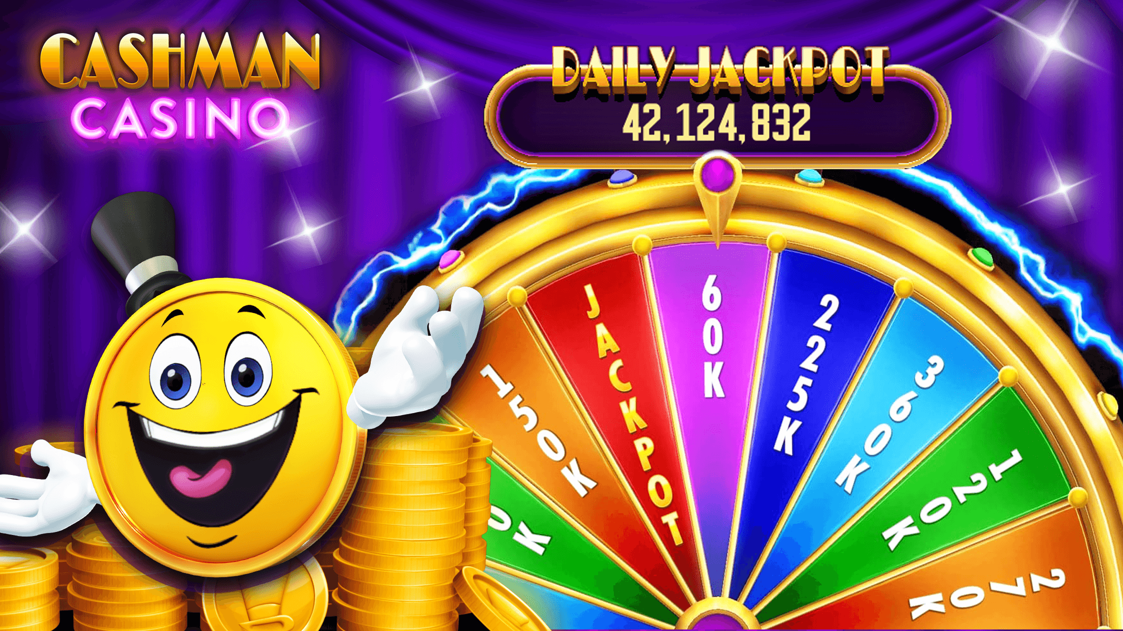 The Cashman Casino daily jackpot wheel showing a jackpot of 42,124,832 and segments including 60K, 225K and 100K
