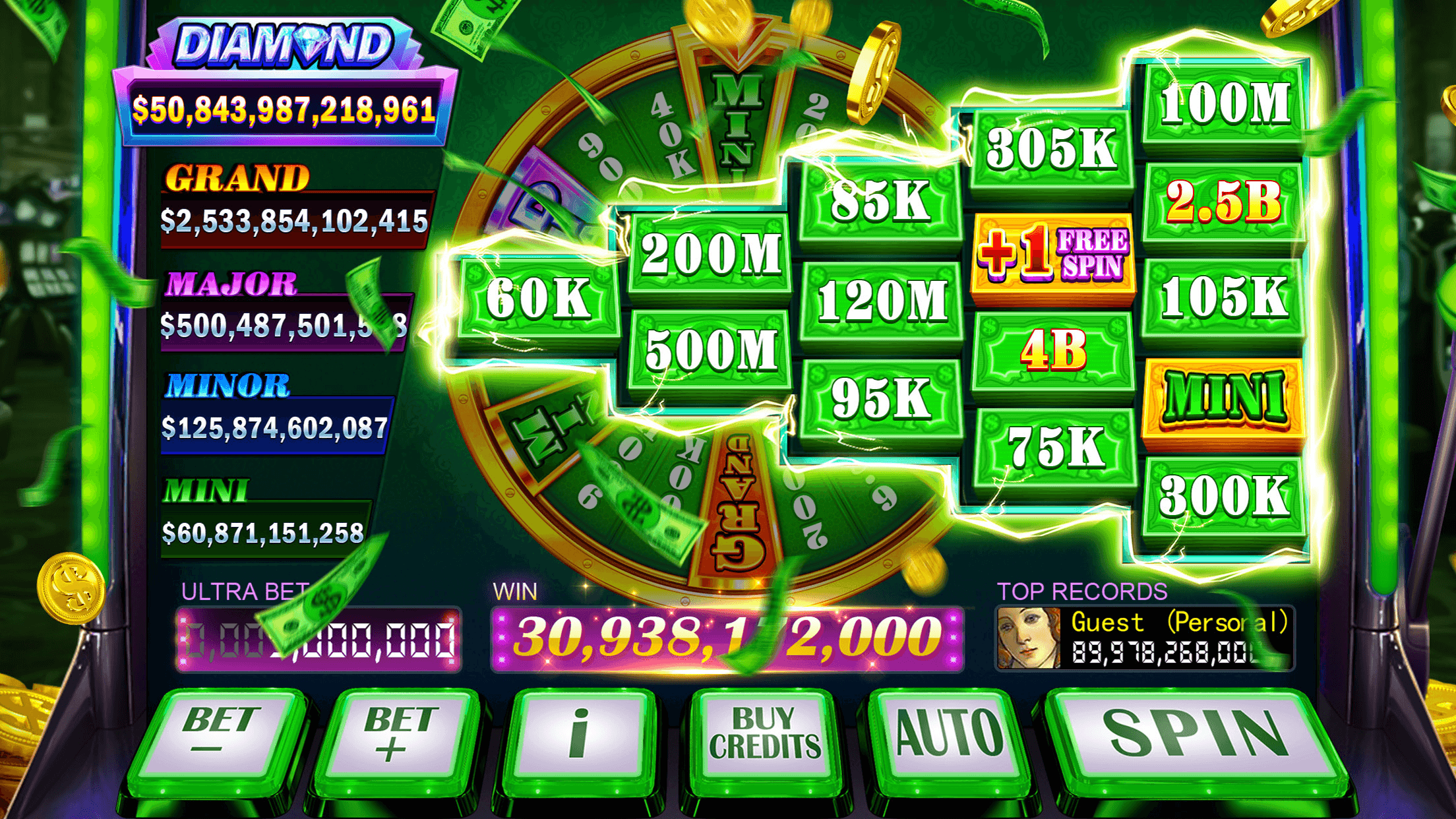 The Classic Slots jackpot wheel listing Diamond, Grand, Major, Minor and Mini tiers with their current totals