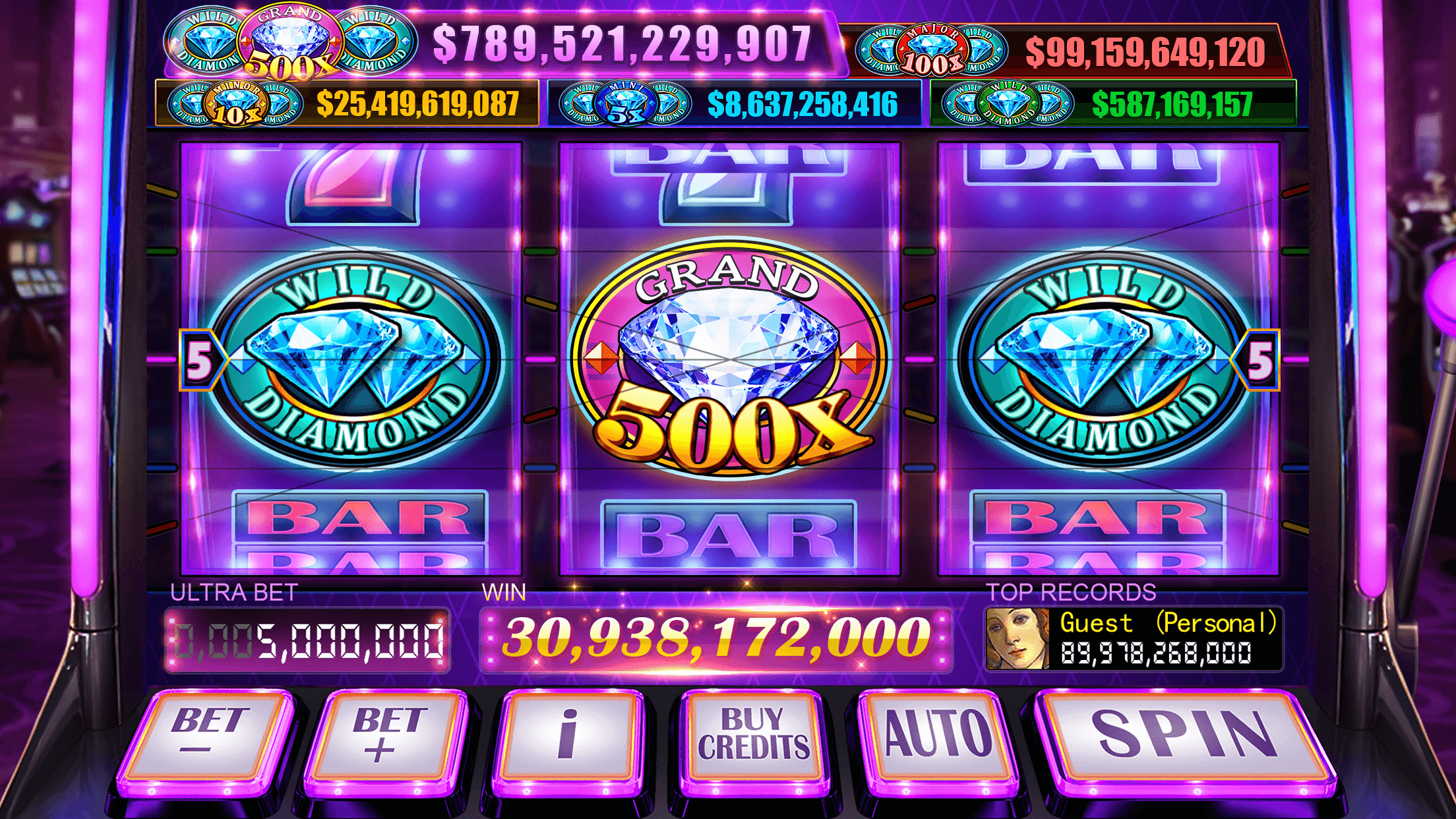 A three-reel Classic Slots machine showing Wild Diamond symbols and a Grand 500x symbol, with jackpot totals along the top