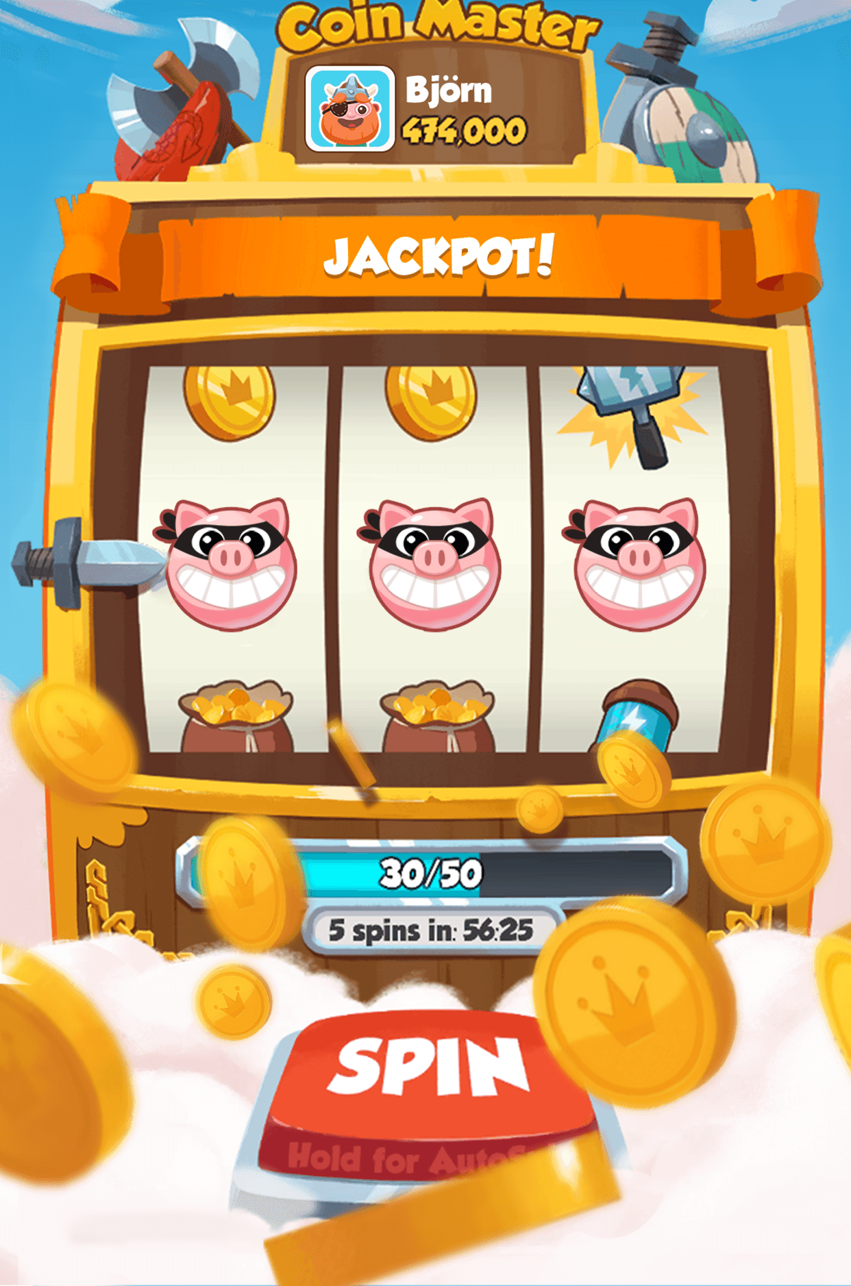 The Coin Master slot machine showing three pig symbols, a jackpot banner, a spins counter reading 30 of 50 and a timer to the next free spins
