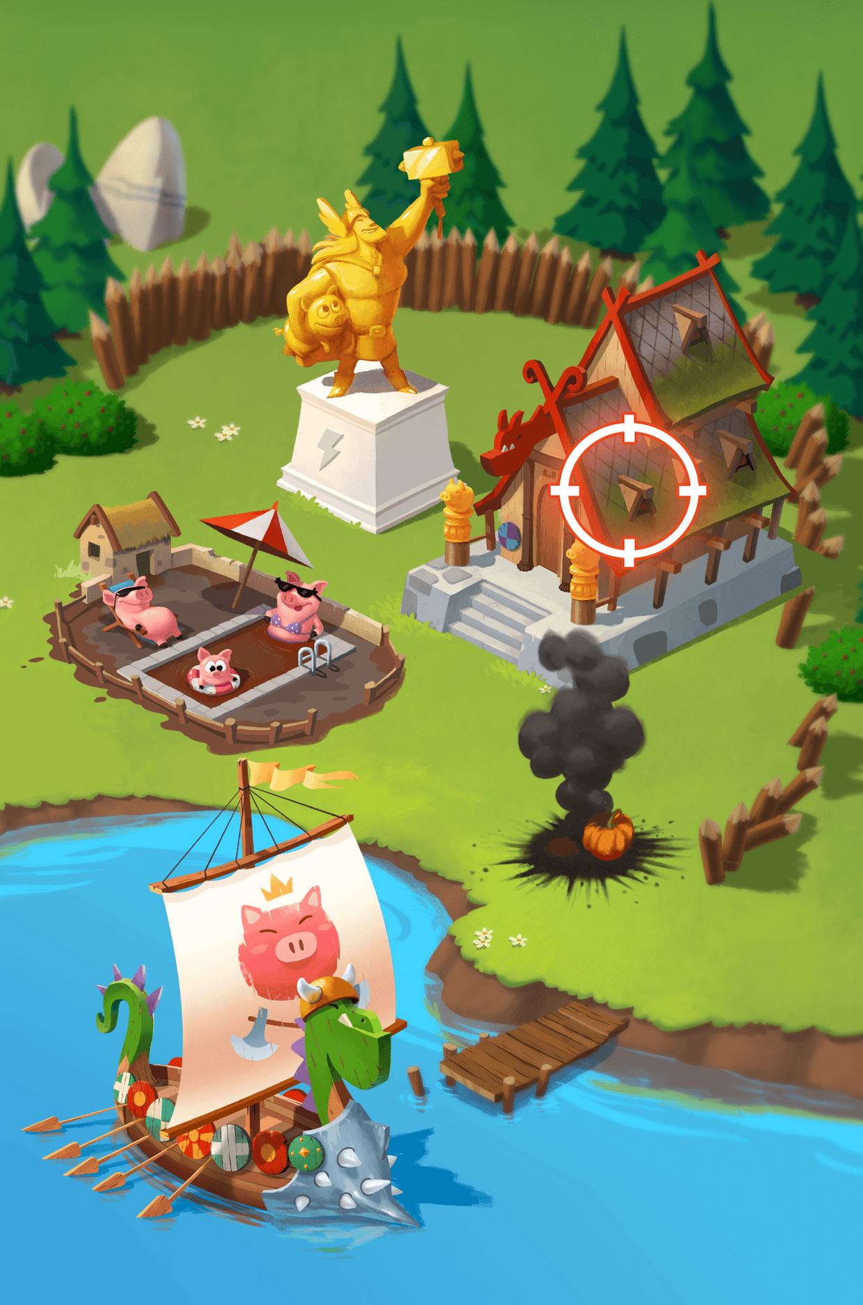 A Coin Master village with an attack crosshair aimed at one of its buildings