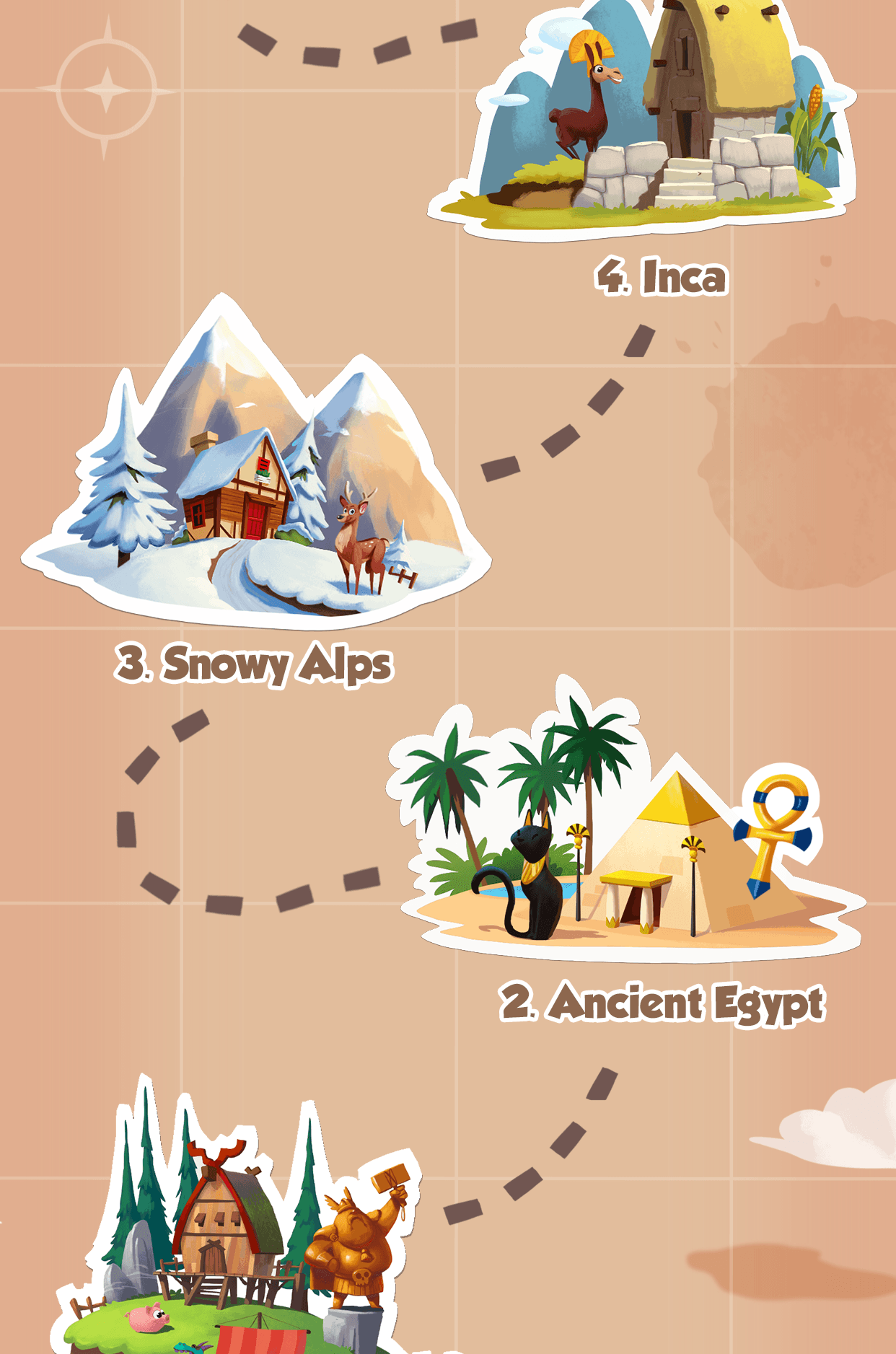 The Coin Master village map showing numbered villages including Ancient Egypt, Snowy Alps and Inca