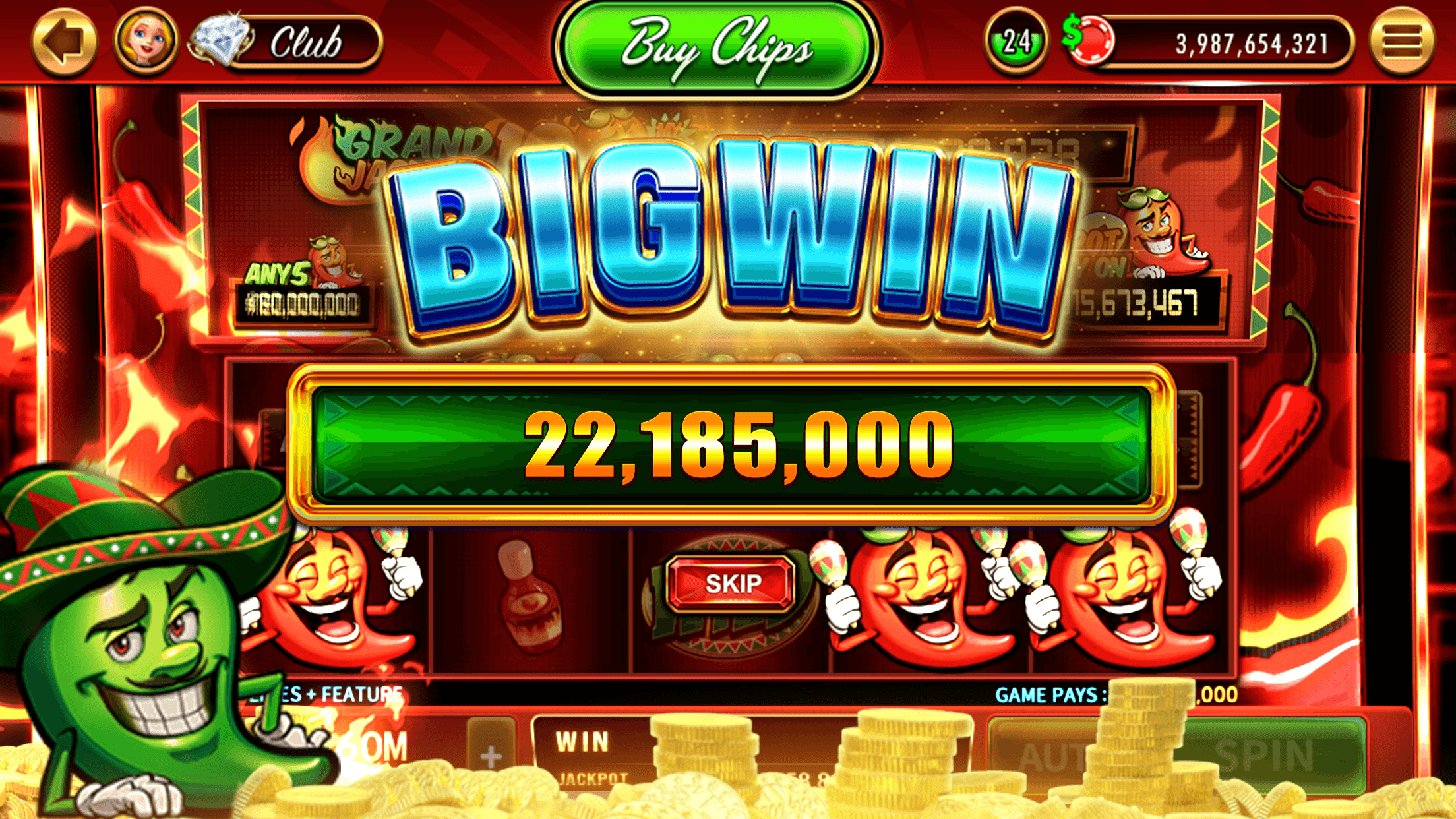 A BIG WIN of 22,185,000 chips on a chili-themed DoubleDown Casino slot, with the chip balance at the top right