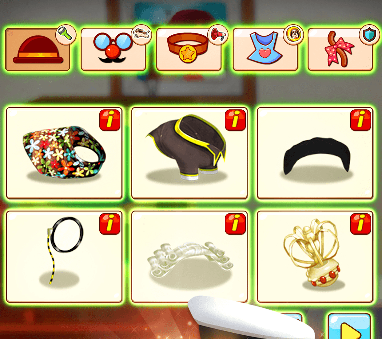 The pet customisation grid in DoubleU Bingo showing hats, collars and outfits in categorised tabs