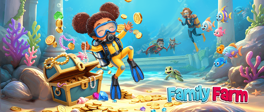 Family Farm artwork showing a diver collecting coins and jewels from a treasure chest on the sea floor
