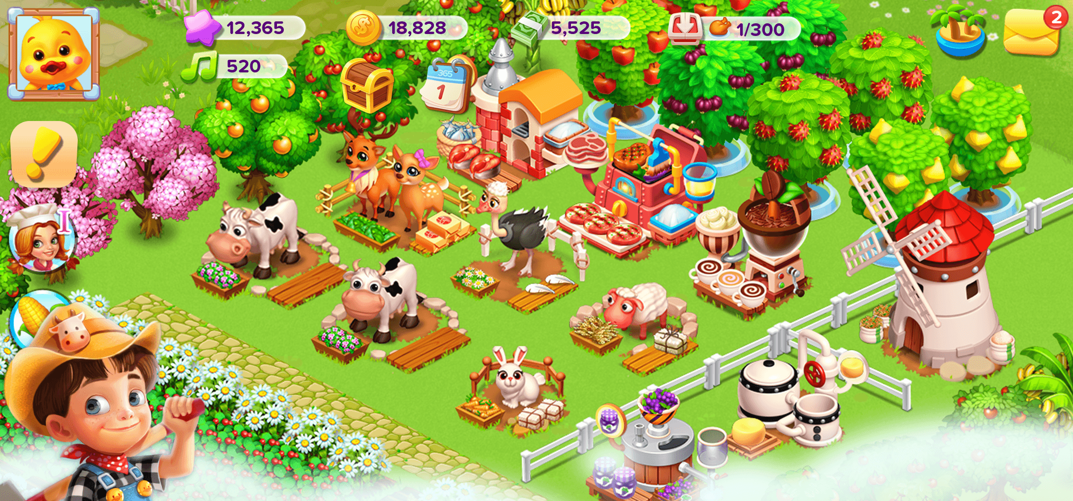 An isometric Family Farm Seaside farm laid out with crop fields, animals and production buildings