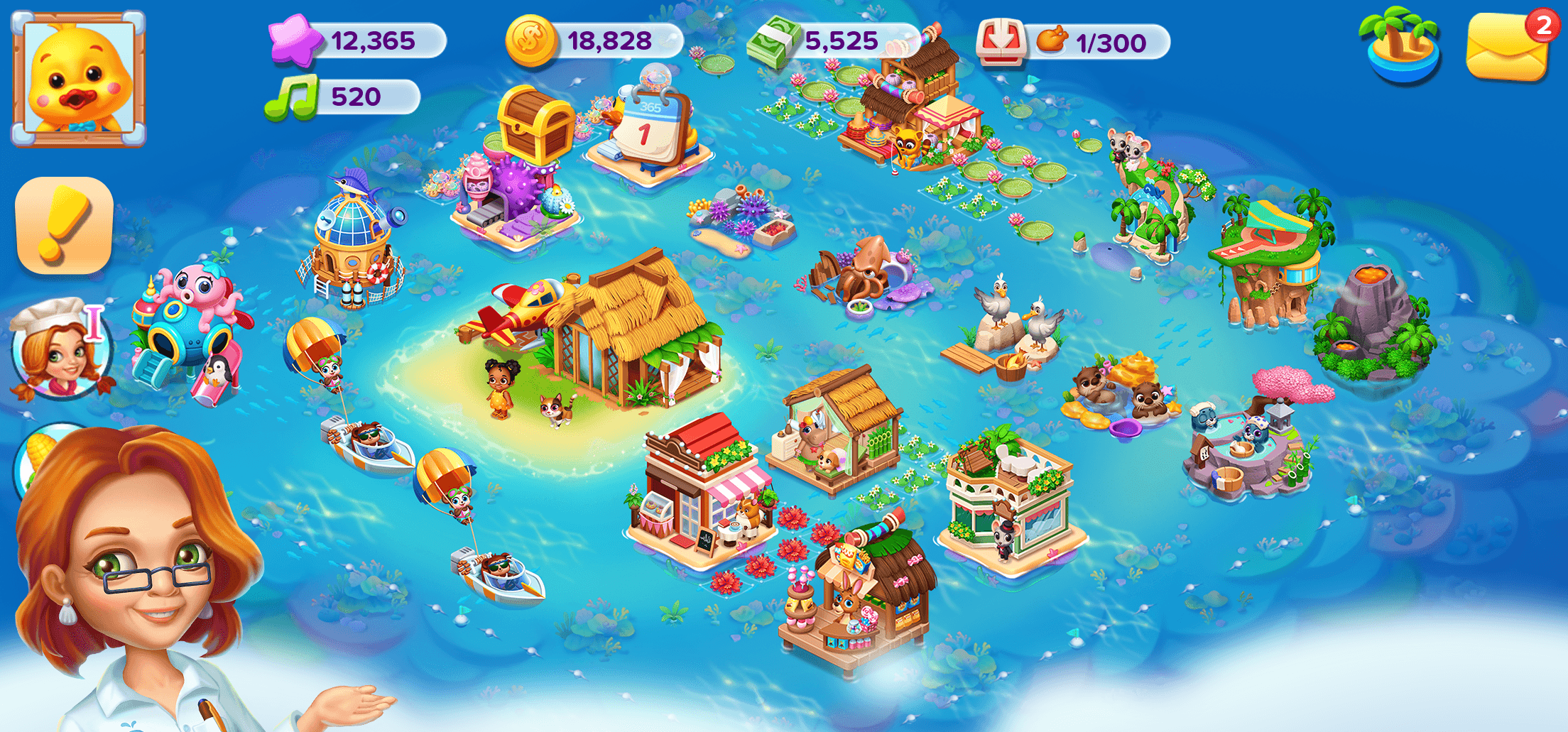 A tropical island resort area in Family Farm Seaside with huts and jetties built across the water