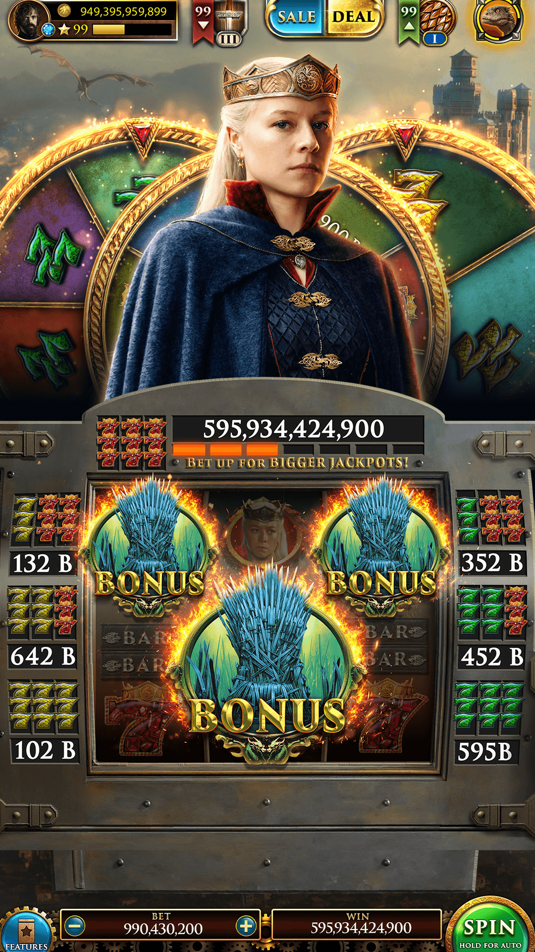 A Game of Thrones Slots Casino bonus round with stacked bonus symbols and a jackpot total of 595,934,424,900 above the reels