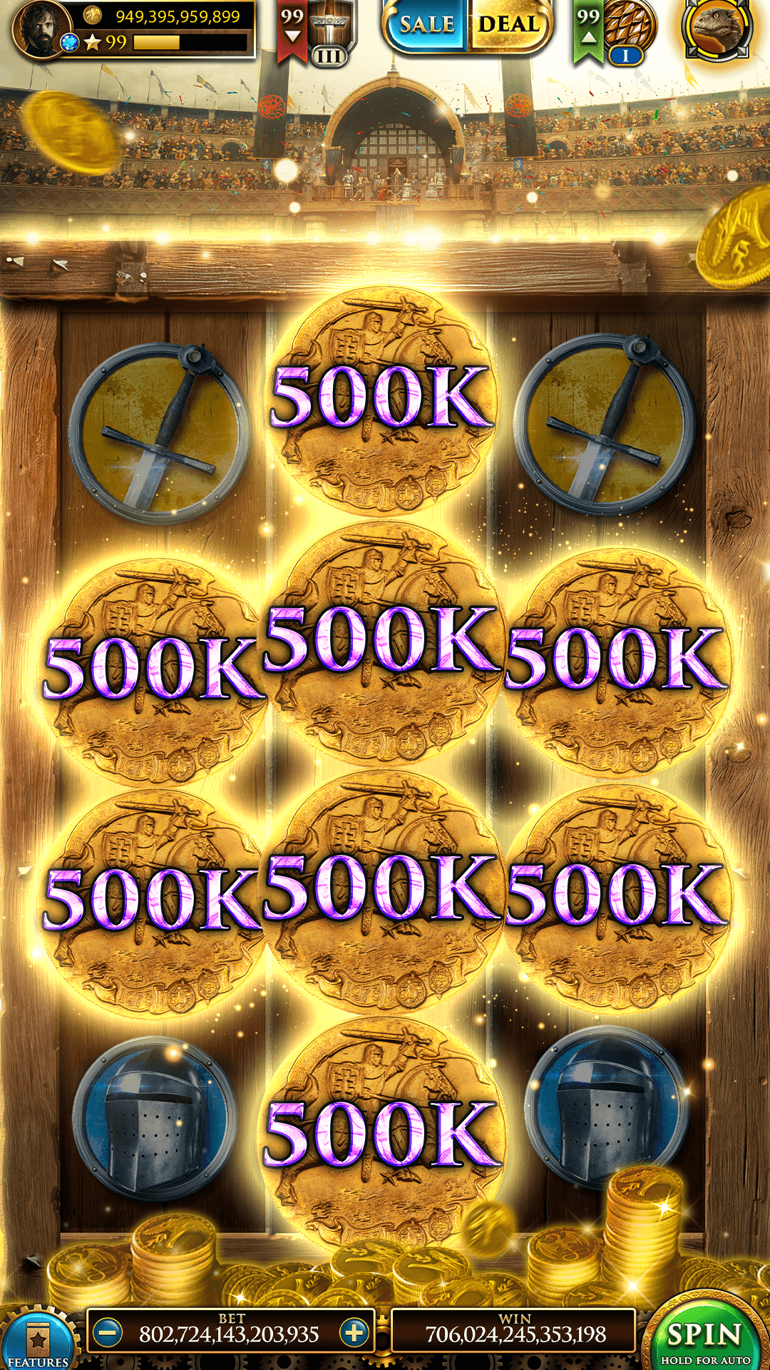 A Game of Thrones Slots Casino machine with 500K coin symbols filling the reels