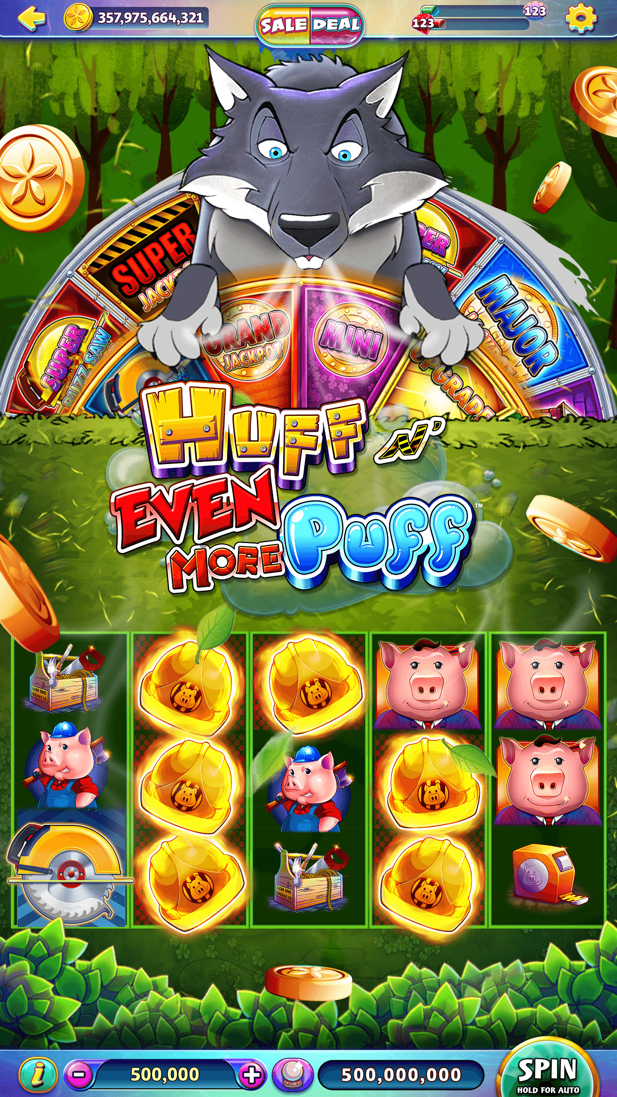 The Huff N Even More Puff slot in Gold Fish Casino Slots, with the coin balance and Get Coins button along the top and the bet and SPIN button below the reels