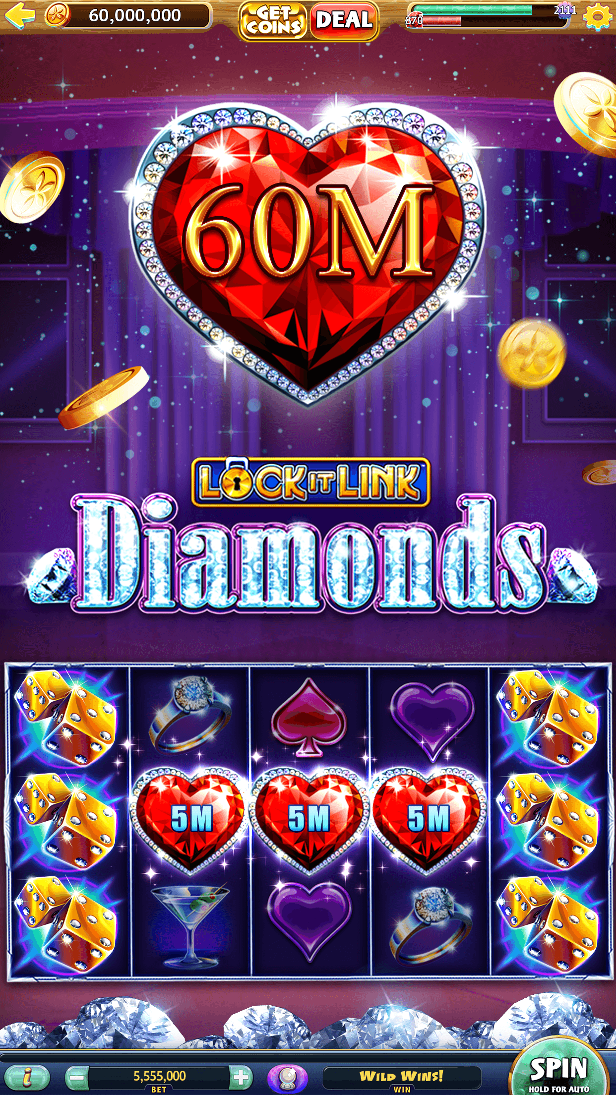 The Lock It Link Diamonds slot in Gold Fish Casino Slots showing heart symbols each holding a 5M value