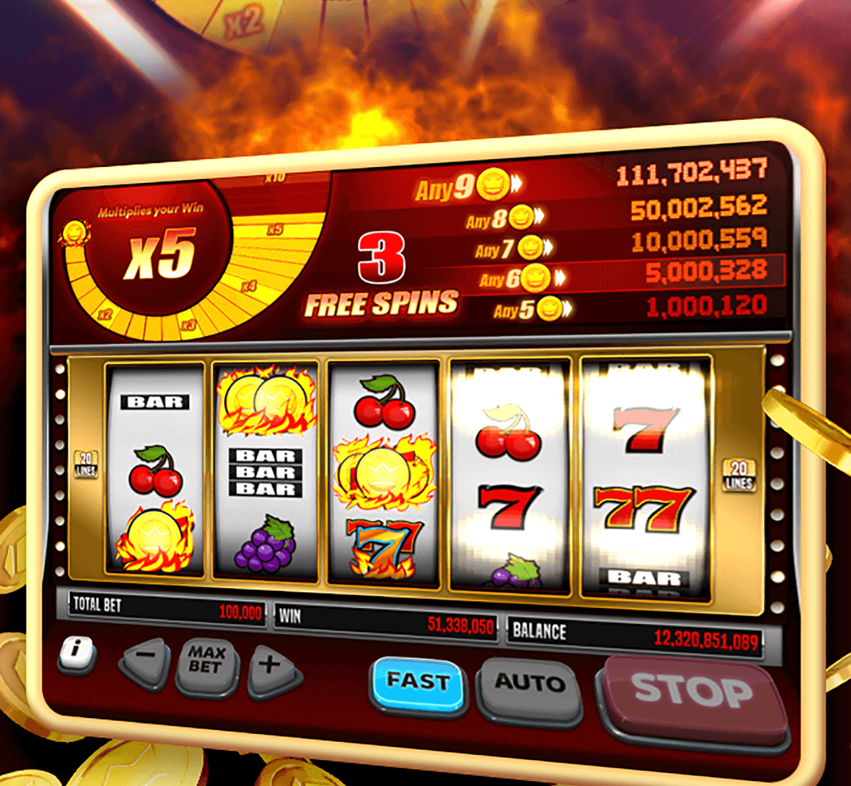 A classic Gold Party Casino machine showing a free-spins counter and a pay ladder beside the reels
