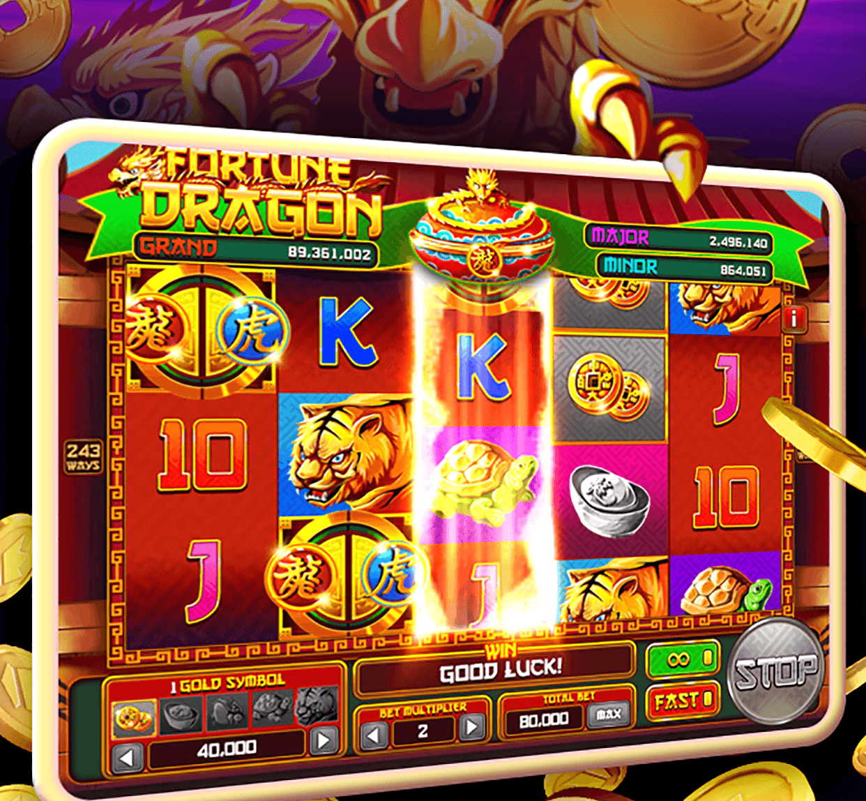 The Fortune Dragon slot in Gold Party Casino with Grand, Major and Minor jackpot totals above the reels