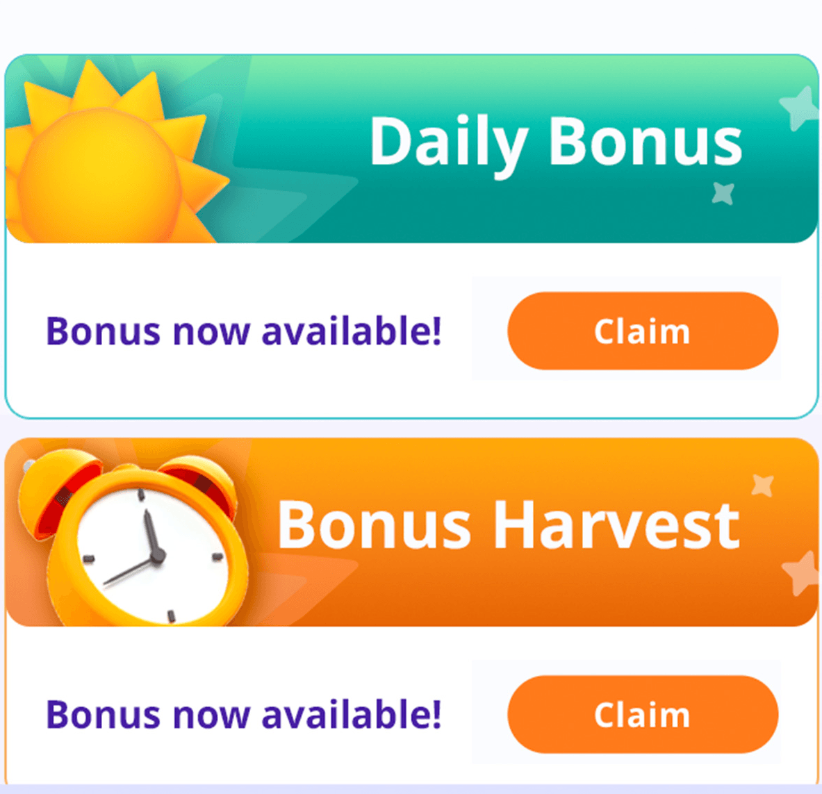 Two bonus cards from the High 5 Casino My Bonuses screen: a Daily Bonus with a sun icon and a Bonus Harvest with an alarm clock, each marked Bonus now available! with an orange Claim button