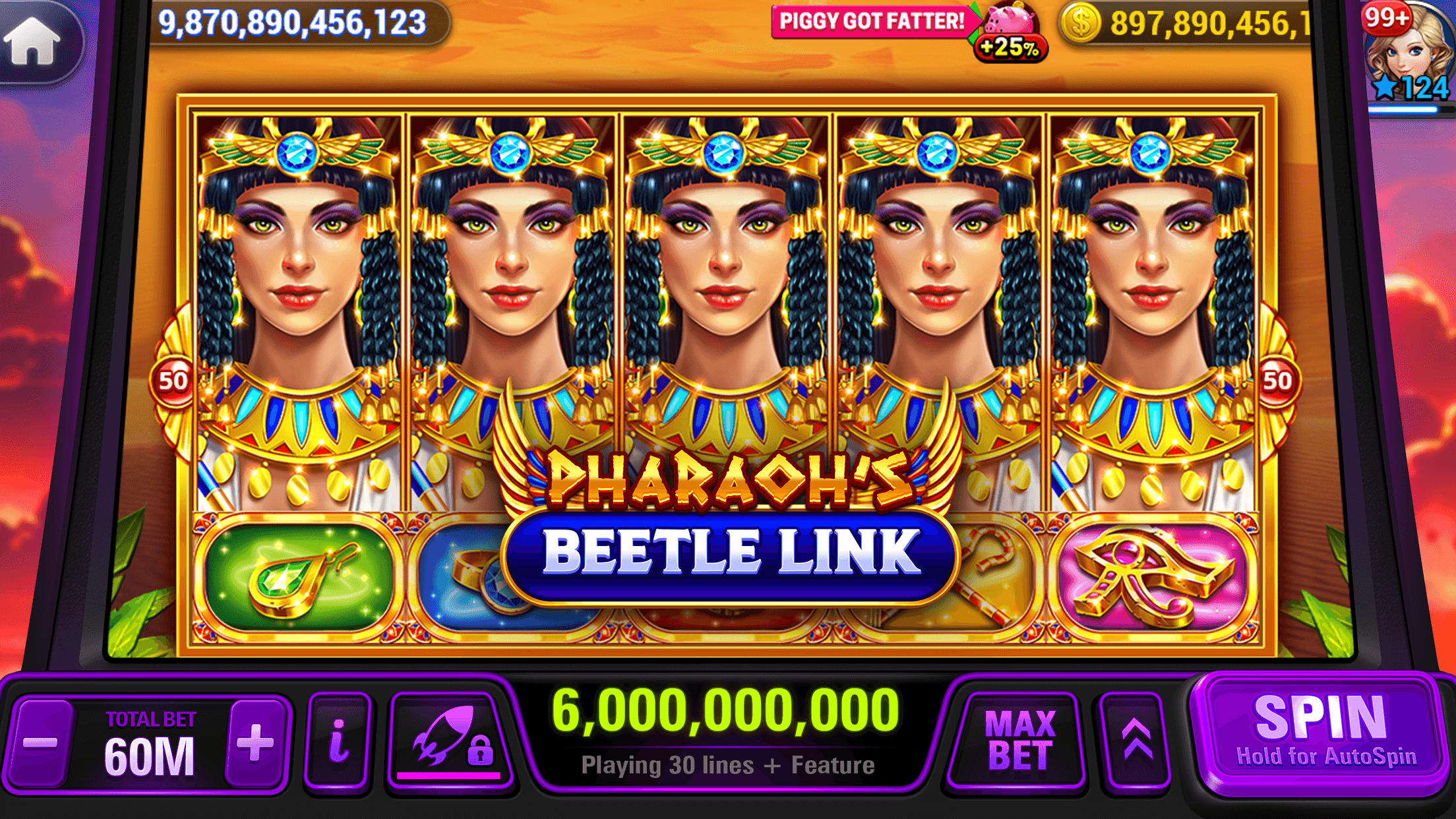 The Pharaoh's Beetle Link slot in HighRoller Vegas, five stacked Egyptian queen symbols filling the reels above scarab and ankh symbols, with a total bet of 60M between minus and plus buttons, a win of 6,000,000,000 and the Spin button along the bottom