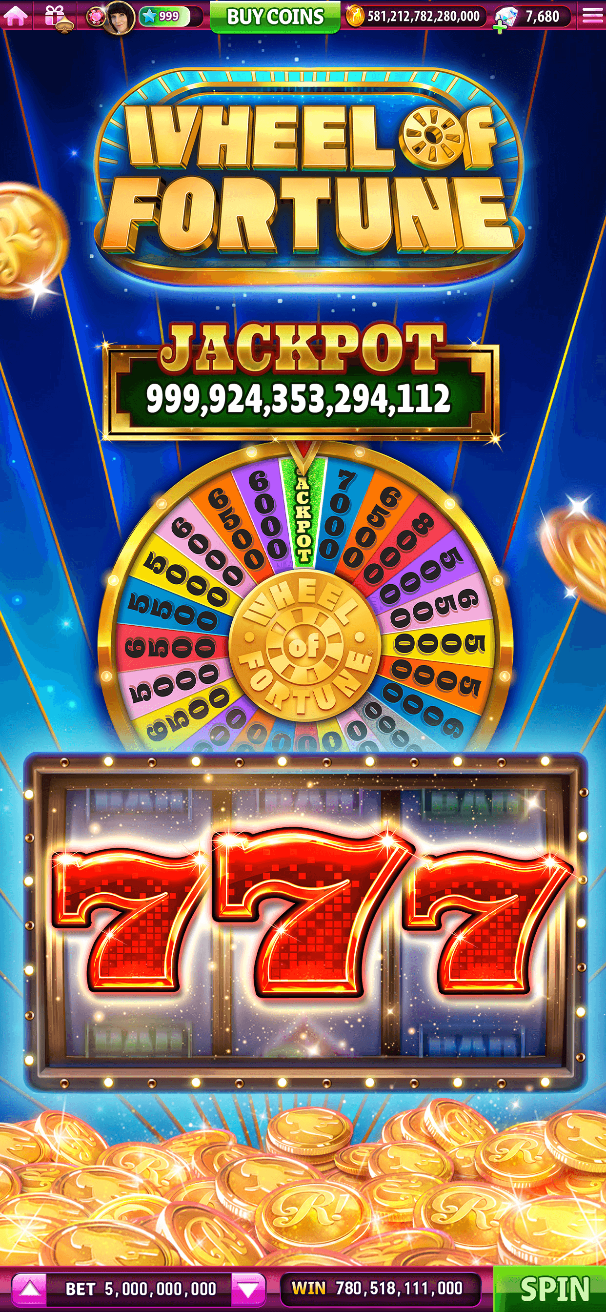 The Wheel of Fortune slot in Hit It Rich showing a jackpot of 999,924,353,294,112 above a bonus wheel and three red sevens