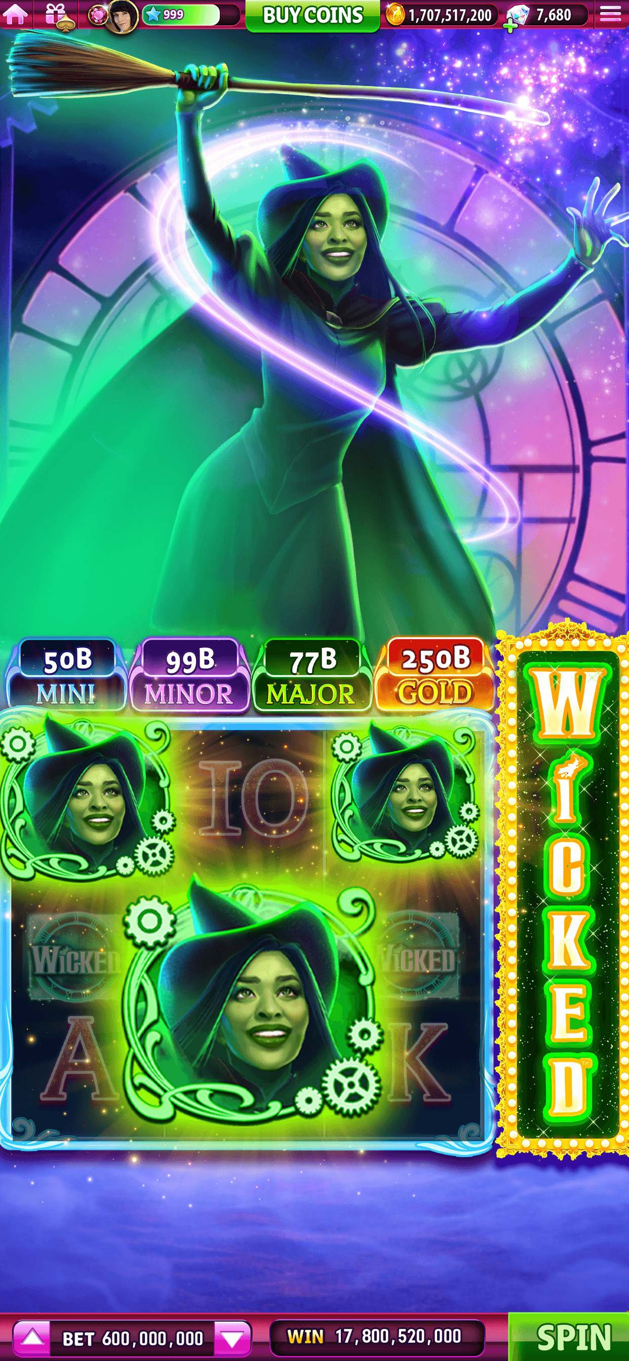 A Wicked-themed Hit It Rich slot showing Mini, Minor, Major and Gold jackpot tiers above the reels