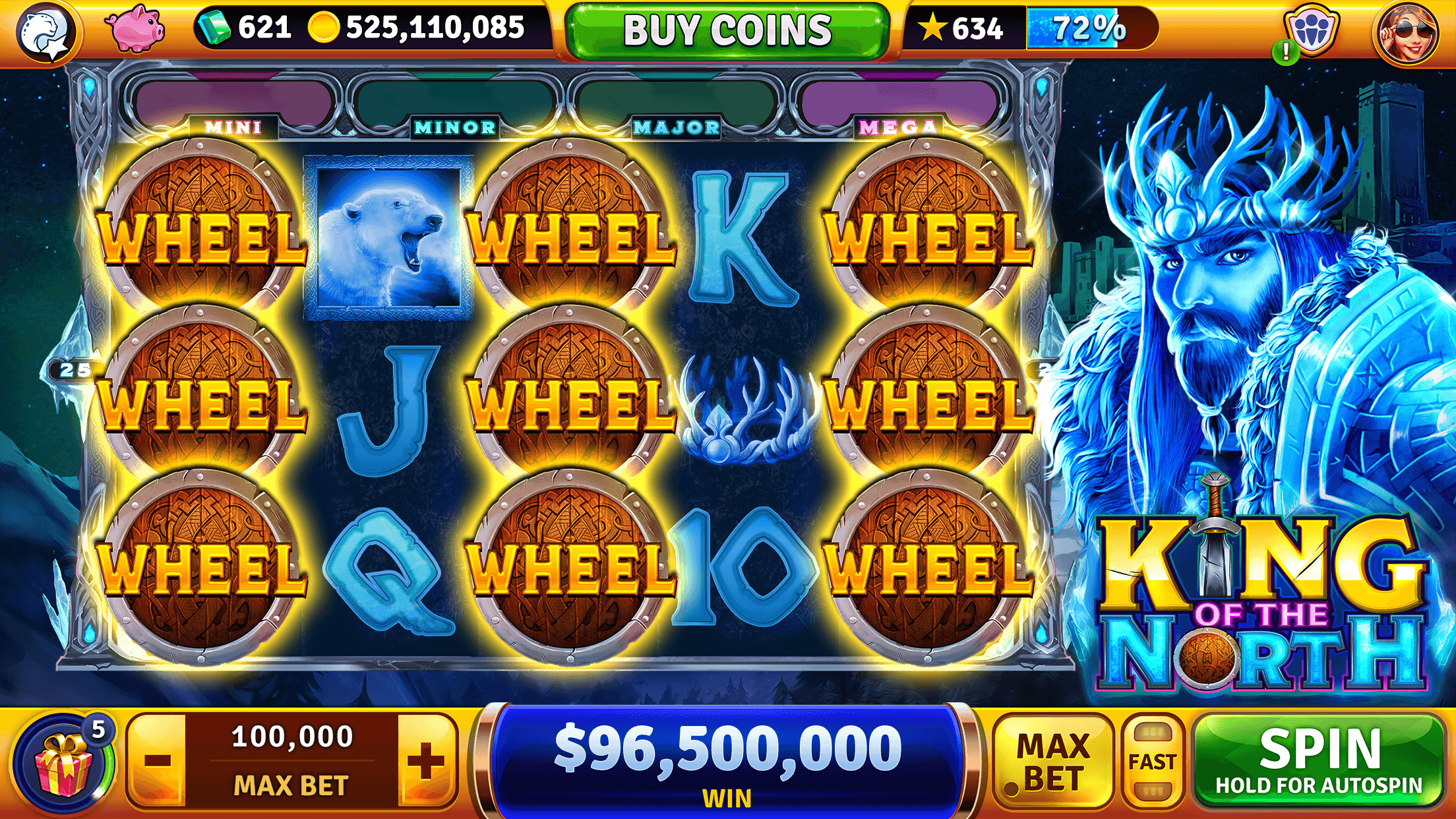 The King of the North slot in House of Fun, its reels filled with WHEEL symbols, with the coin balance and BUY COINS button along the top