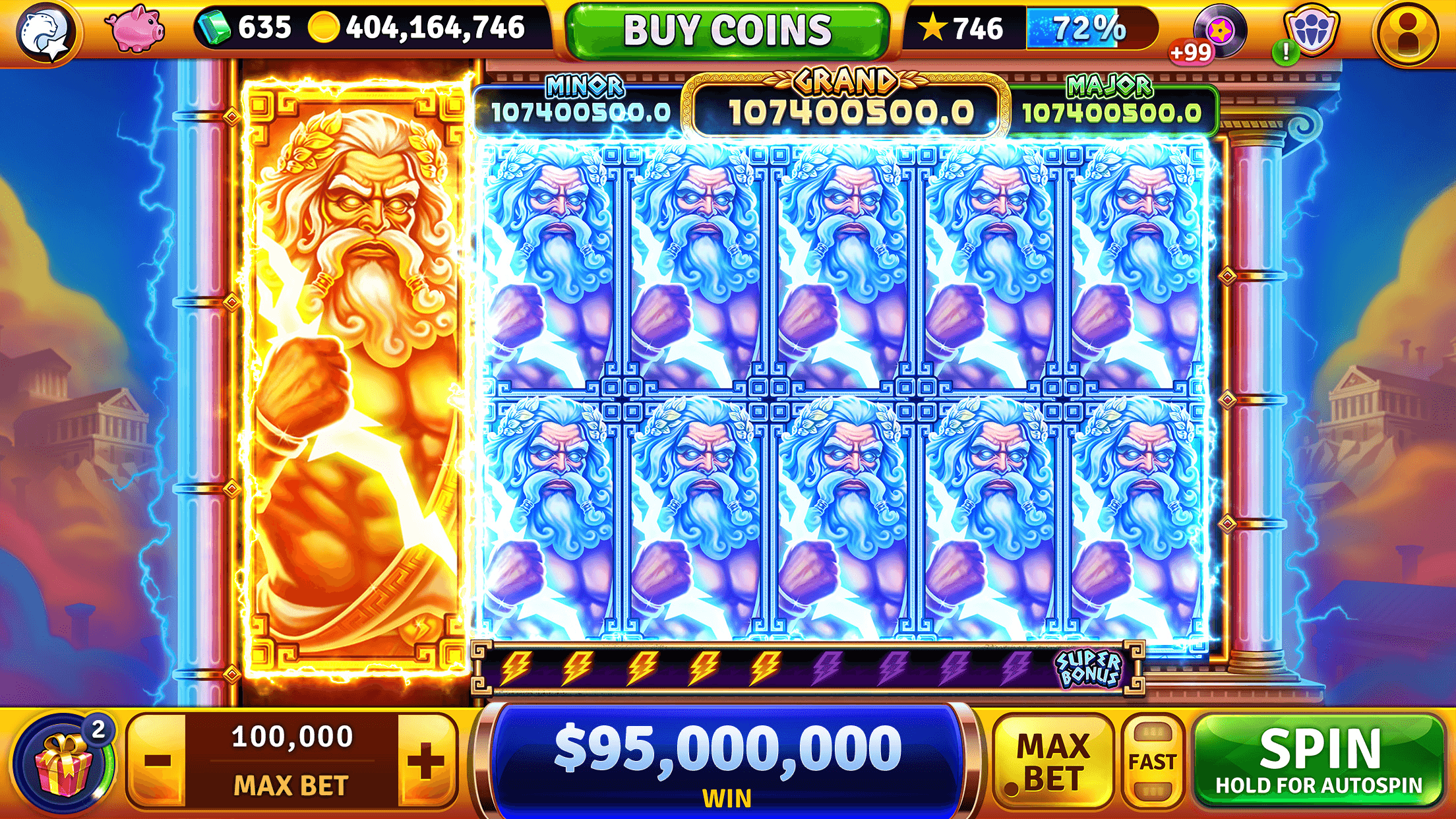The Lightning Hit slot in House of Fun showing MINOR, GRAND and MAJOR progressive jackpot meters above the reels