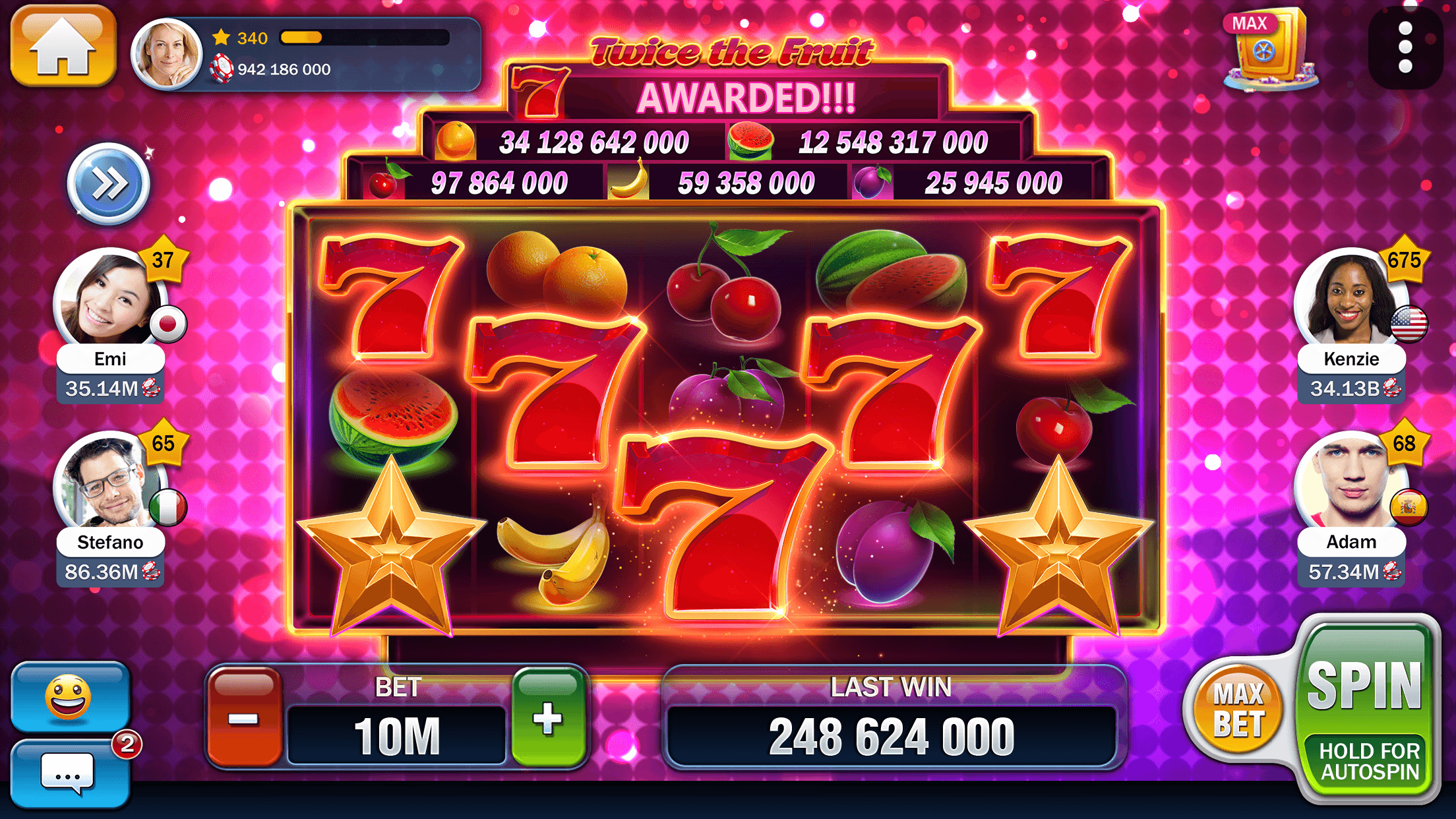 A Huuuge Casino slot machine with other players shown as avatars down both sides of the reels
