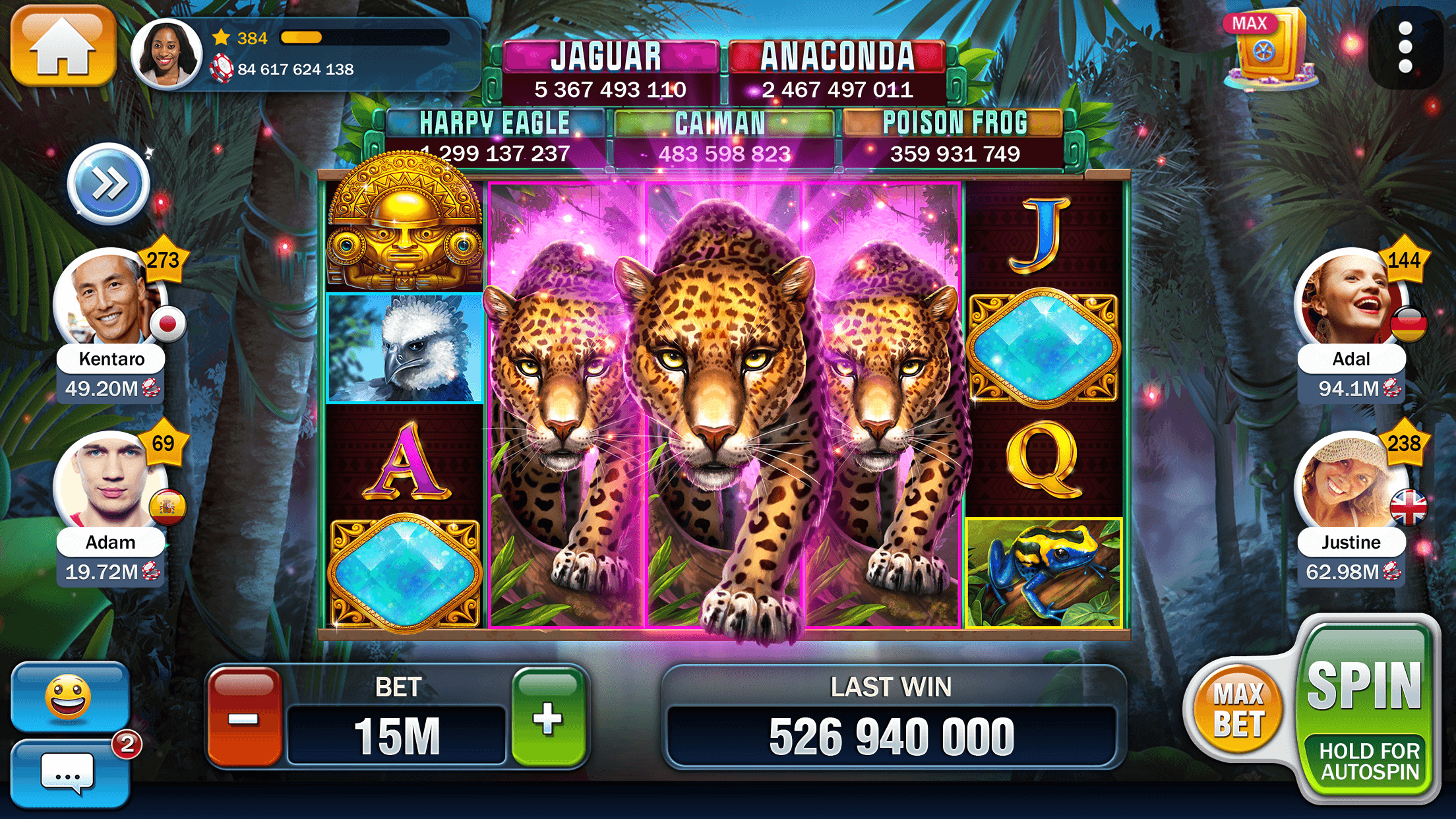 A Huuuge Casino slot showing Jaguar, Anaconda and Harpy Eagle progressive jackpot totals above the reels
