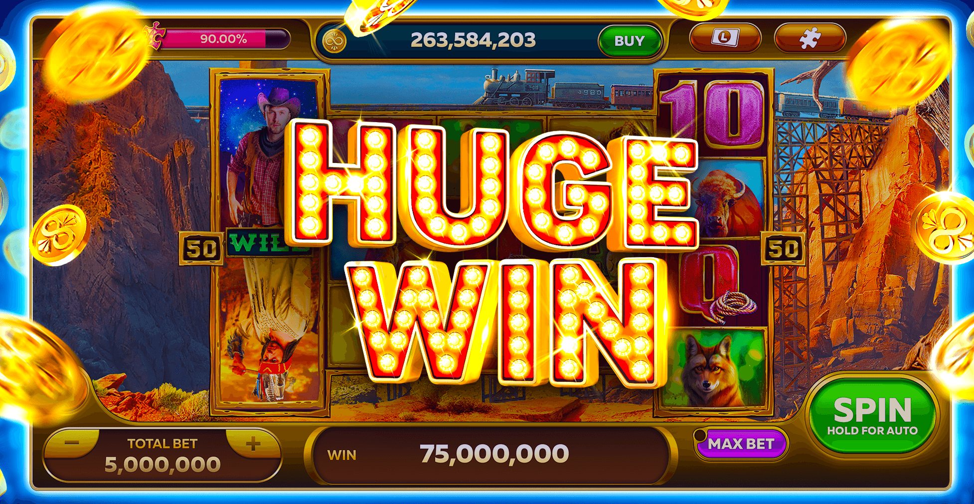 An Infinity Slots machine with a Huge Win banner in light-bulb letters over reels of cowboy, bison and wolf symbols, a total bet of 5,000,000 and a win of 75,000,000 along the bottom, and gold coins flying around the frame
