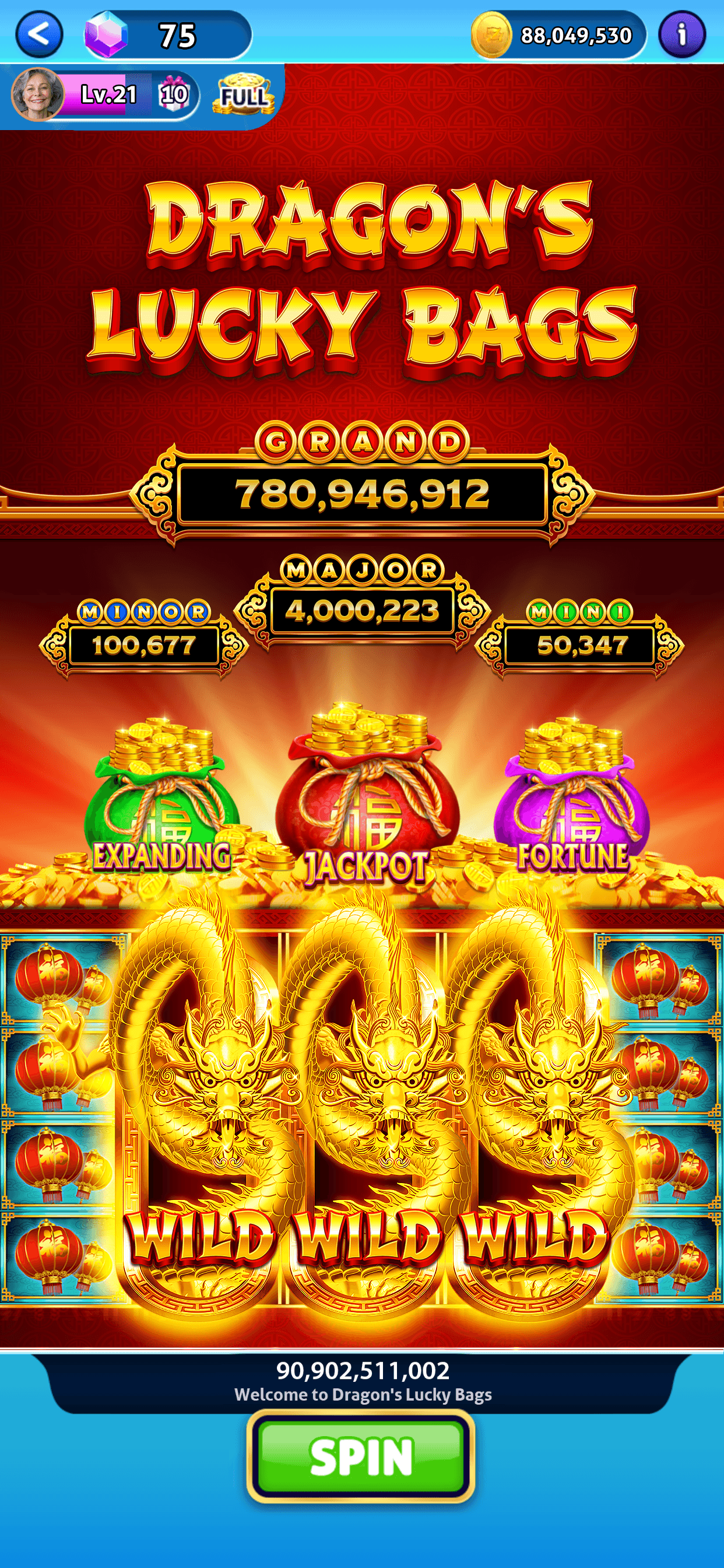 The Dragon's Lucky Bags slot in Jackpot Madness showing a Grand jackpot of 780,946,912 above Major, Minor and Mini totals