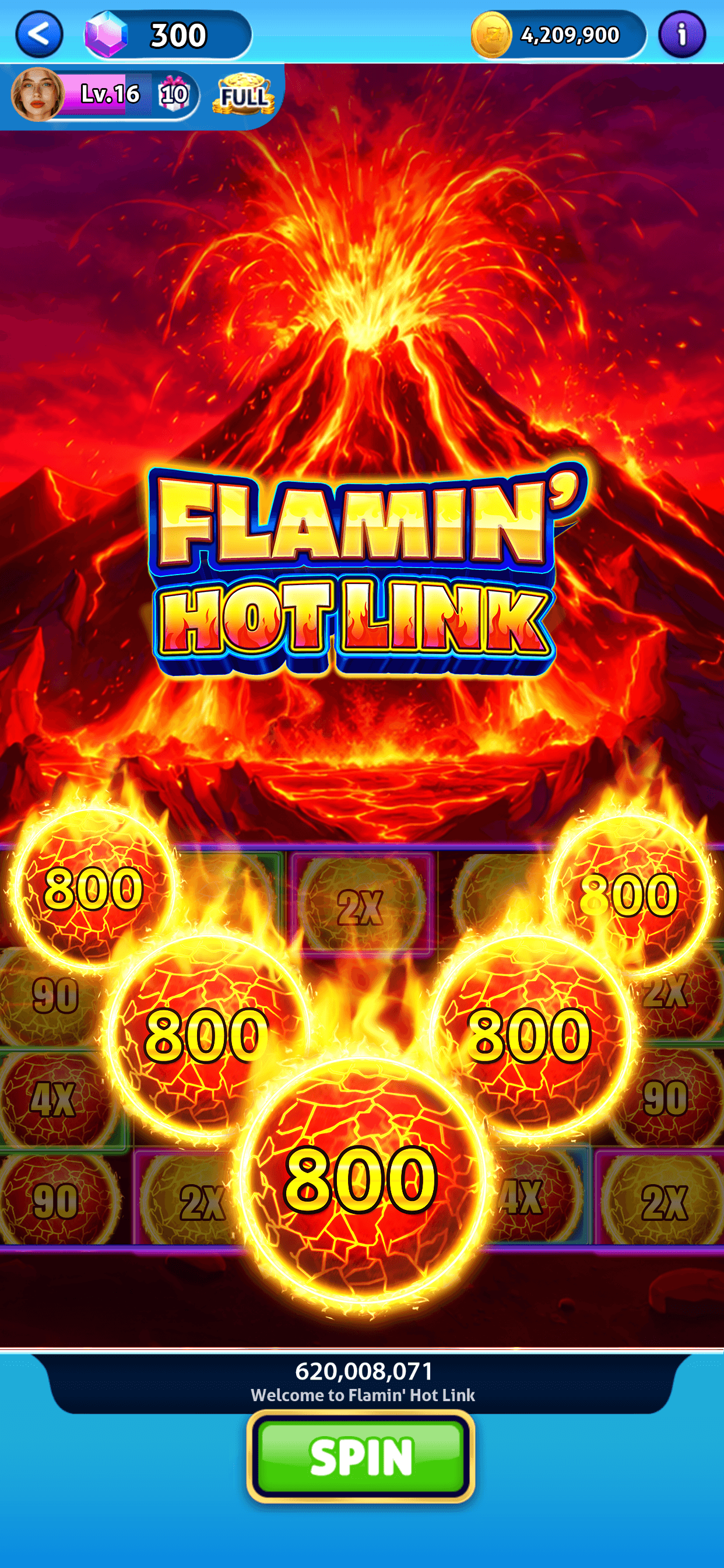 The Flamin Hot Link slot in Jackpot Madness with held orb symbols each carrying a value of 800
