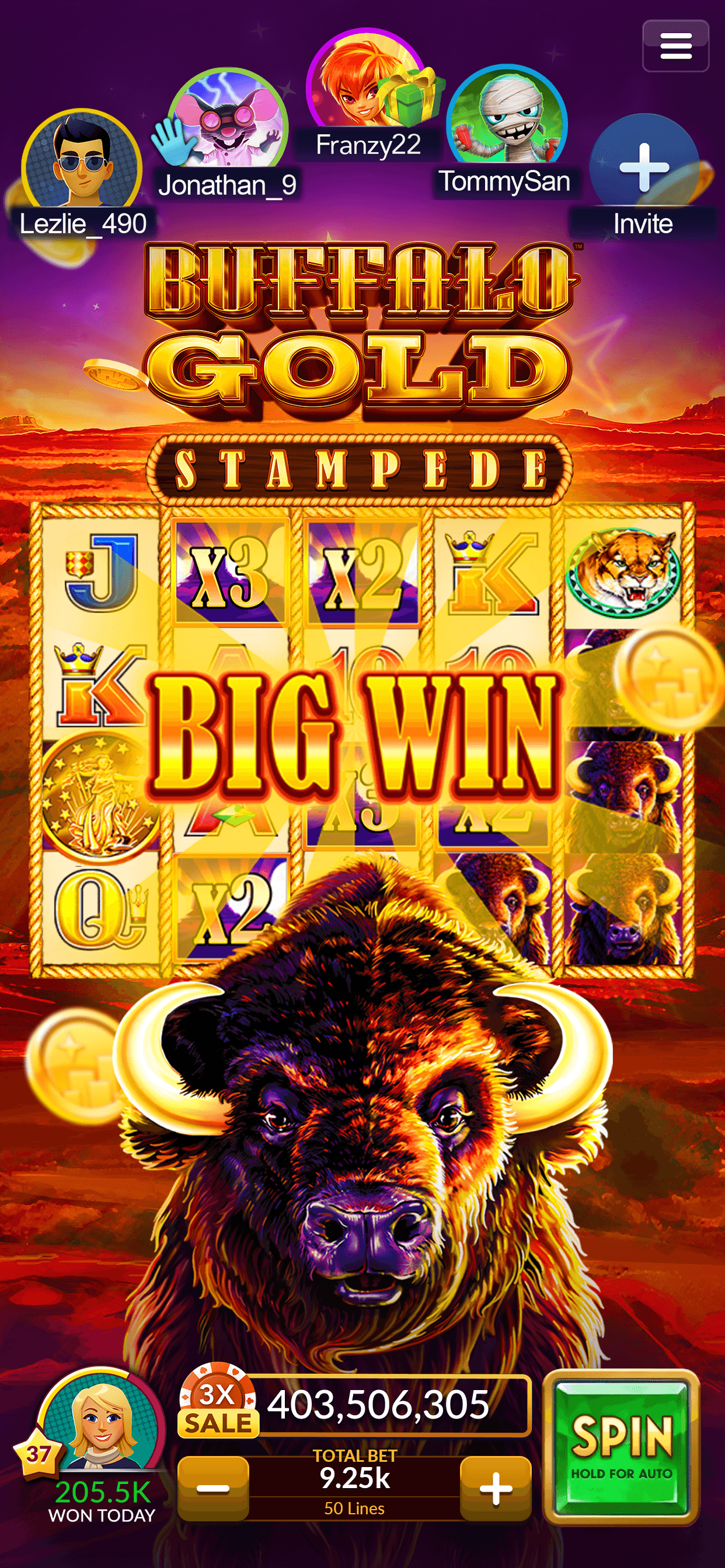 The Buffalo Gold Stampede slot in Jackpot Magic Slots, with a row of friends and an Invite button along the top