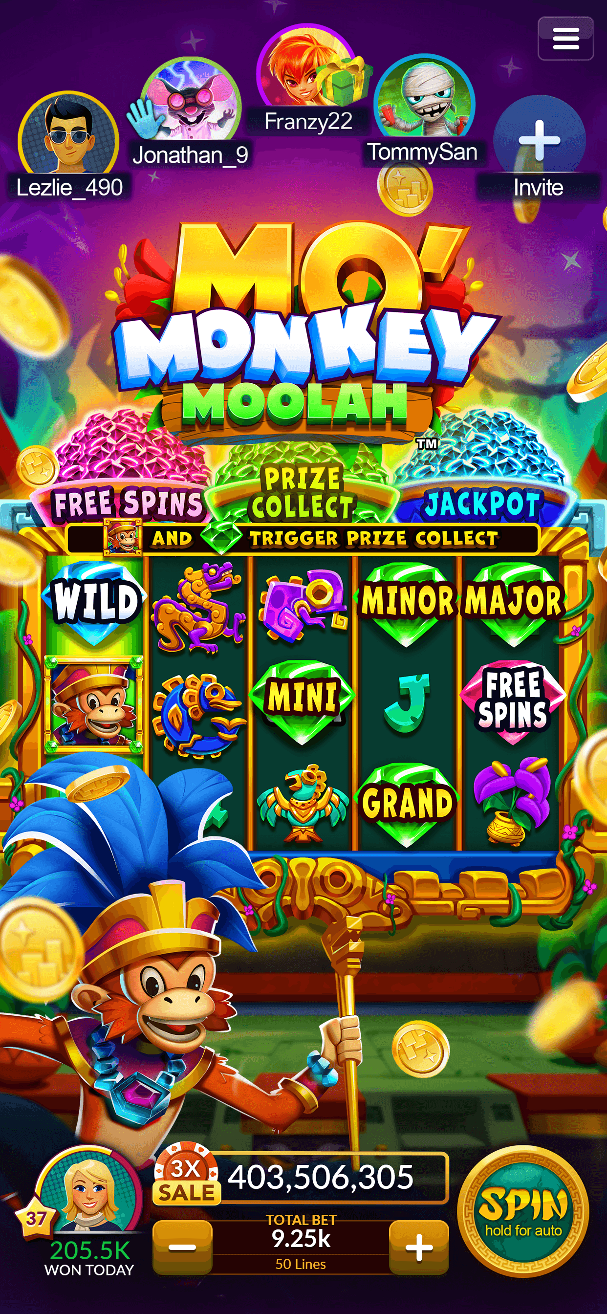 The Mo Monkey Moolah slot in Jackpot Magic Slots showing Free Spins, Prize Collect and Jackpot triggers above the reels