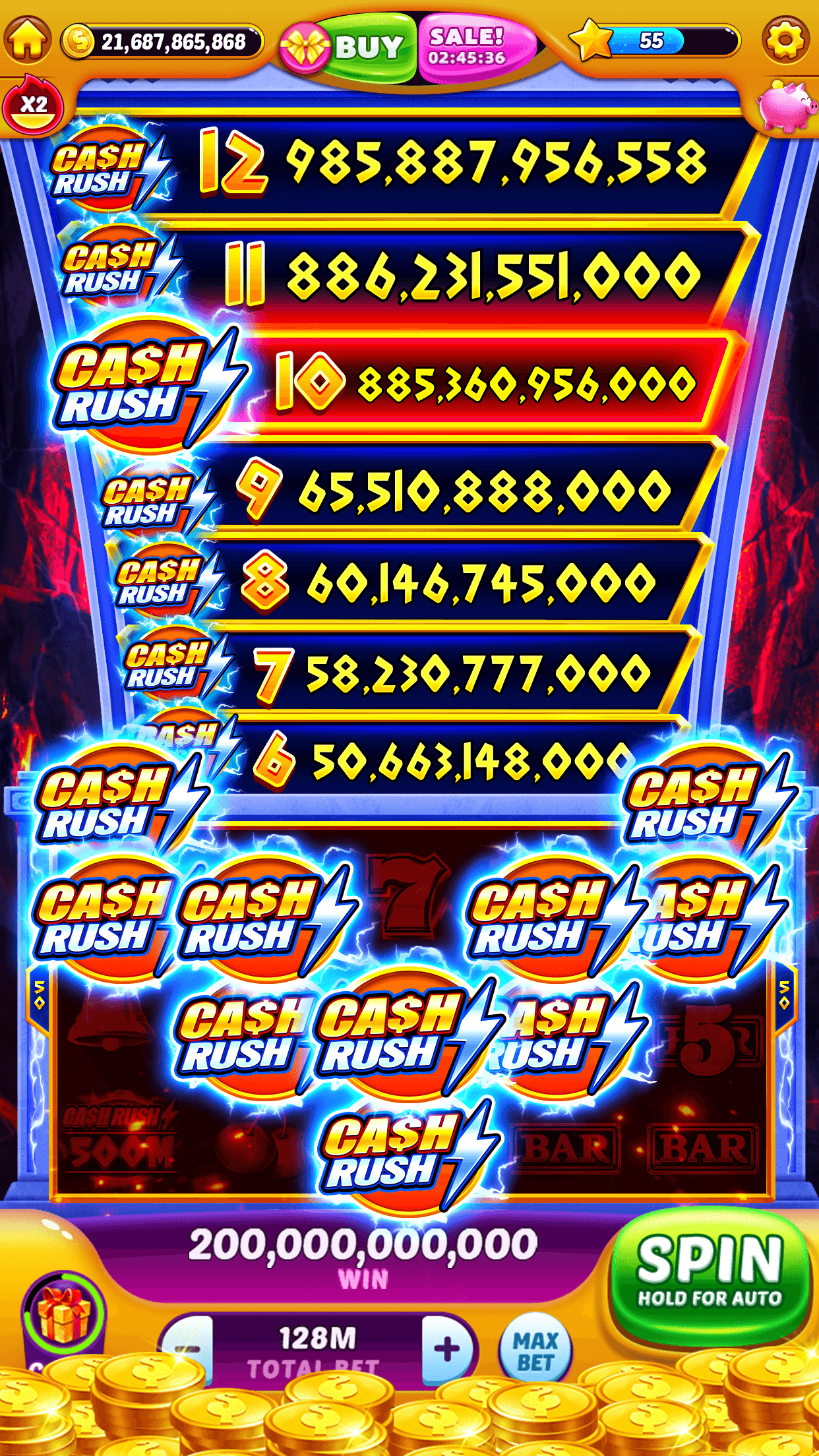 A Cash Rush feature in Jackpot Master Slots showing a ladder of prize levels from 6 to 12 with their coin values