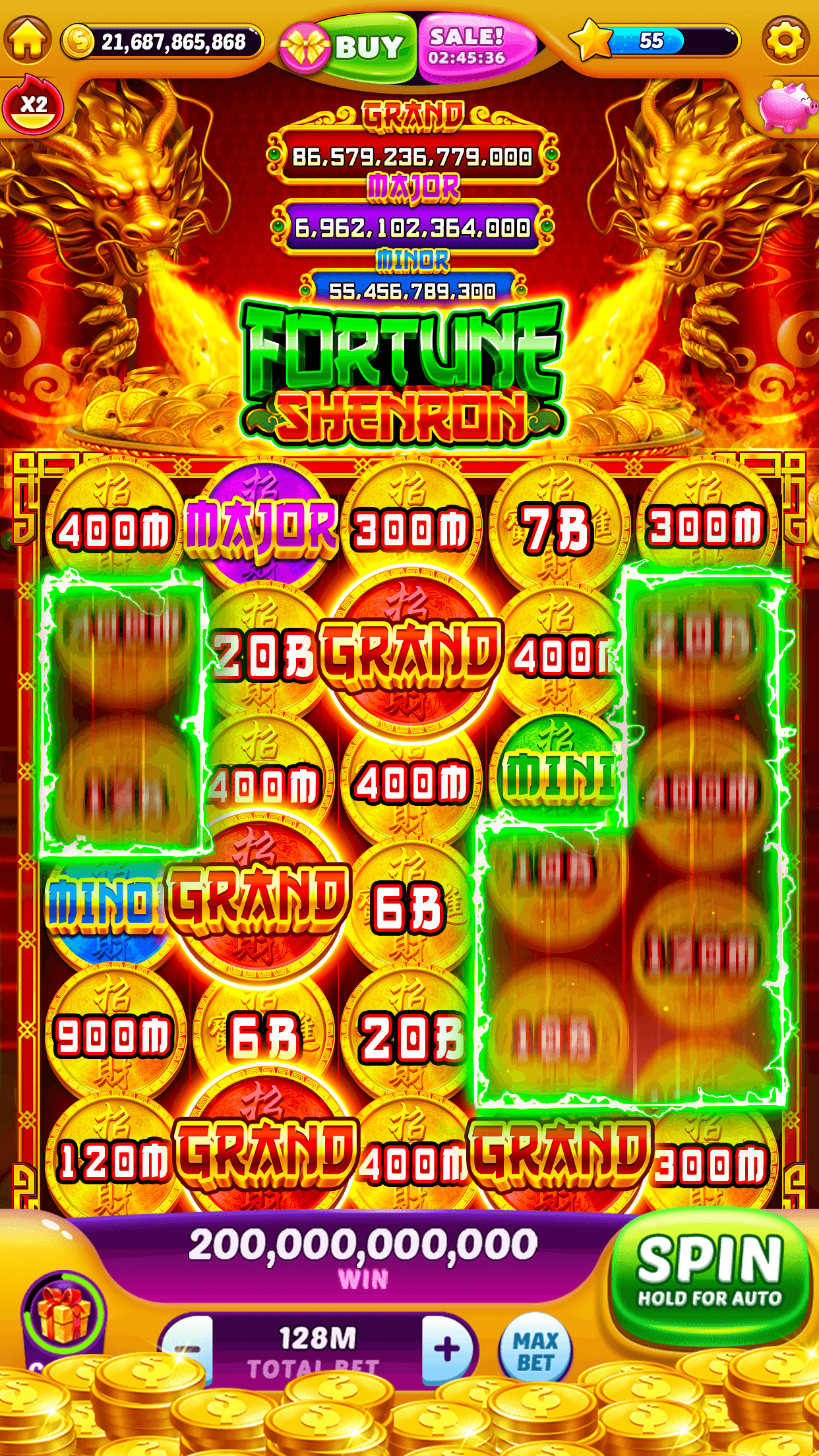 The Fortune Shenron slot in Jackpot Master Slots with Grand, Major and Minor jackpot totals above a grid of coin values