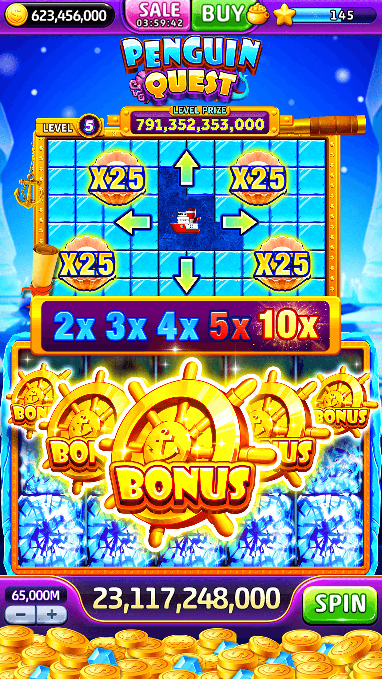 The Penguin Quest bonus in Jackpot World showing a grid of X25 multipliers and a 2x to 10x ladder