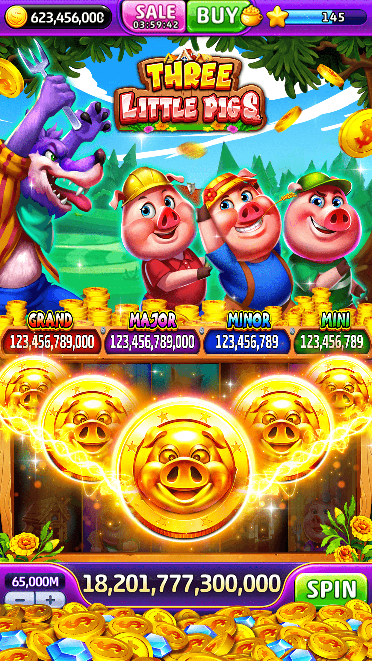 The Three Little Pigs slot in Jackpot World showing Grand, Major, Minor and Mini jackpot totals above the reels