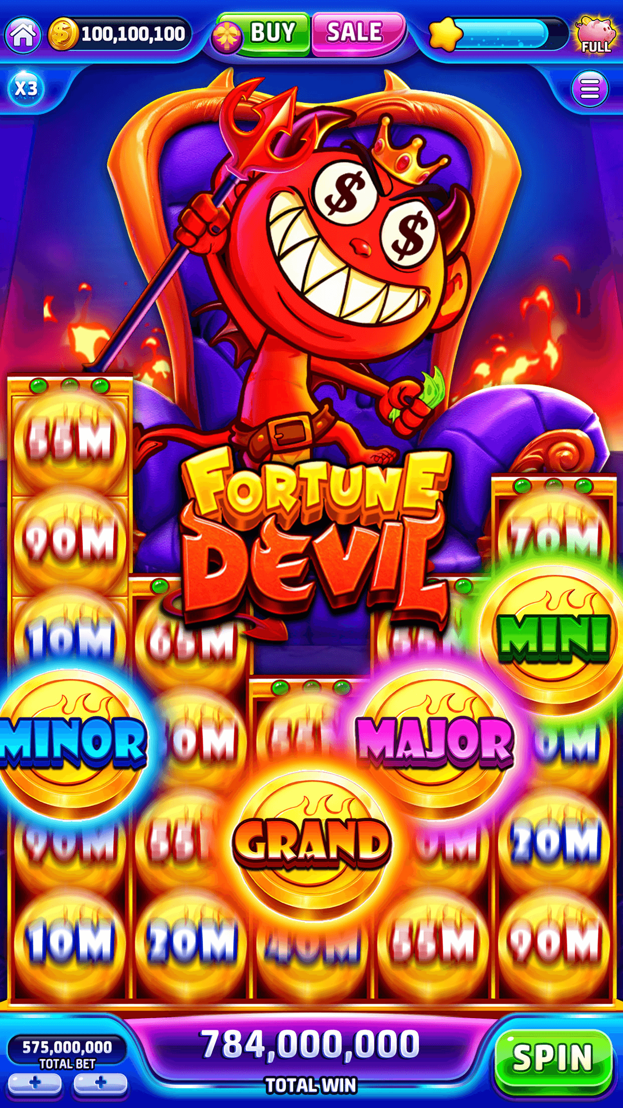 The Fortune Devil slot in Jackpotland with Mini, Minor, Major and Grand orbs held across the reels