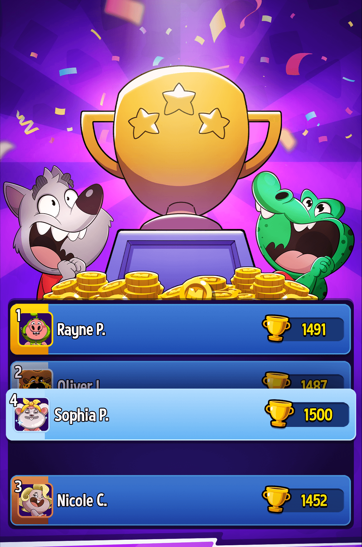 A Match Masters leaderboard listing players with their trophy totals