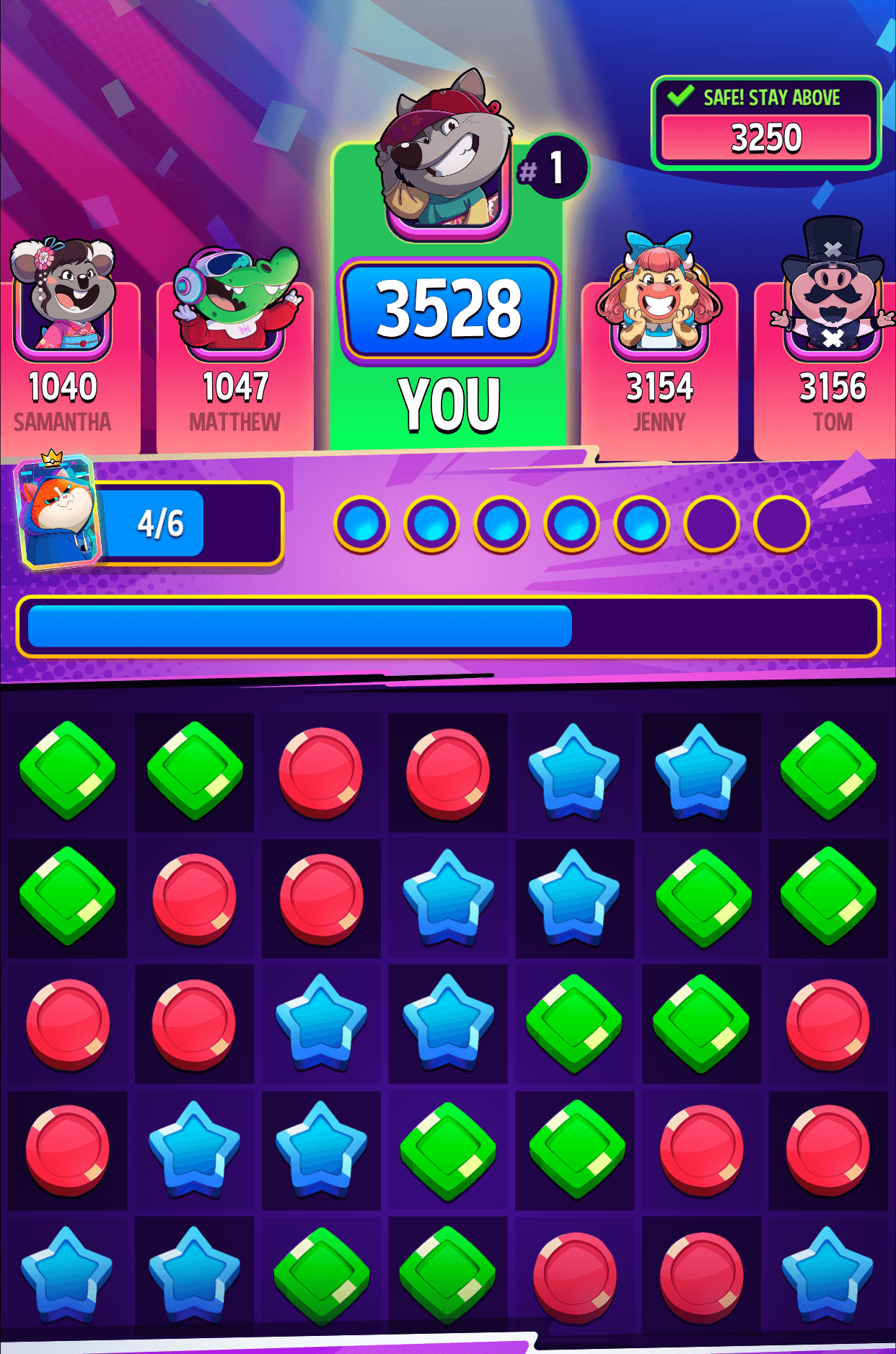 A Match Masters Rumble leaderboard showing player scores and a safe threshold to stay above