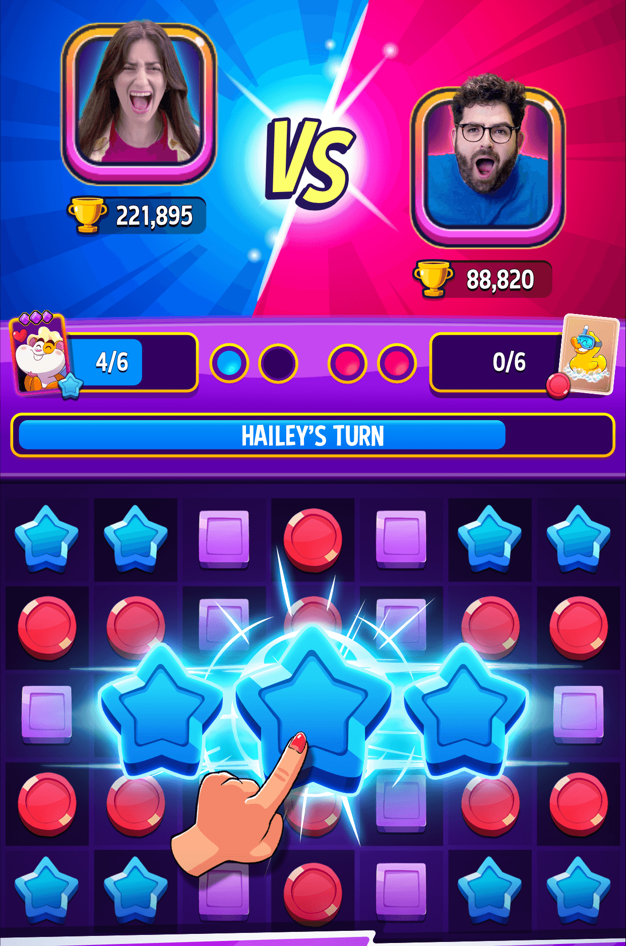 A Match Masters game showing two players head to head with their trophy counts above a match-3 board