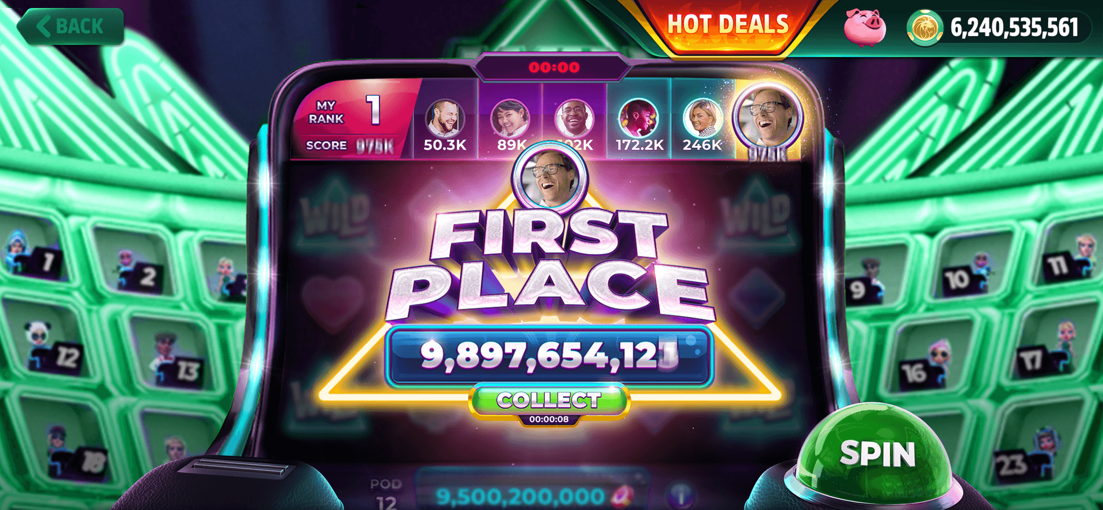 A live slot tournament result in MGM Slots Live, a FIRST PLACE banner over the machine with a prize of nearly 9.9 billion counting up above a Collect button, the player ranked 1 in a row of rival avatars with their scores, and the Chip balance of 6,240,535,561 beside Hot Deals at the top