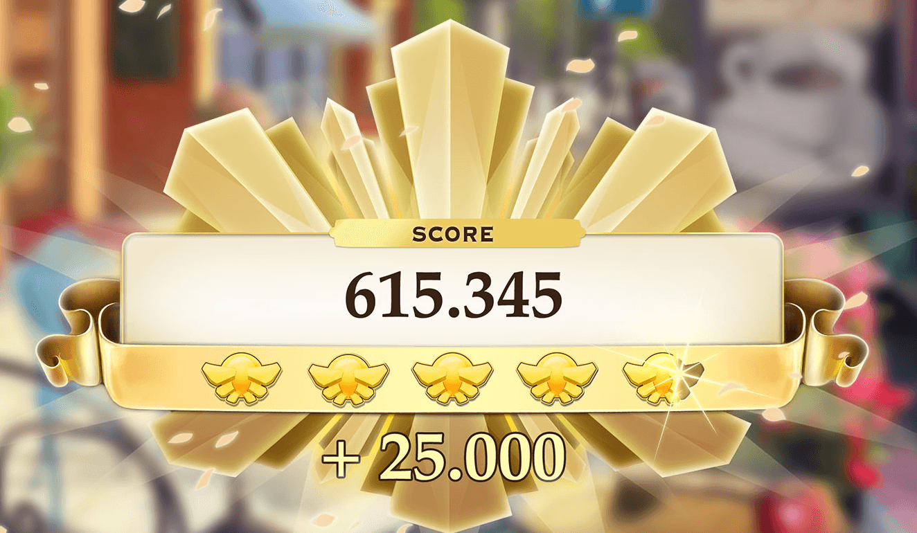 The Pearl's Peril score panel after a scene, a gold sunburst behind a score of 615.345, five gold shells lit along the ribbon and + 25.000 below, over a blurred street scene
