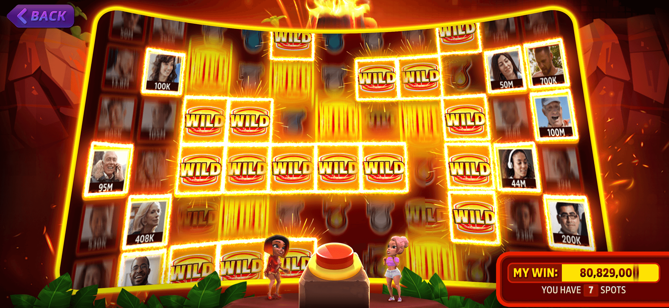 A POP! Slots group-play machine, a giant set of reels lit up with Wild symbols and other players' photos in their spots with amounts from 44M to 700K, two avatars at a red button in front, and a panel at the bottom right with My Win counting past 80 million and You Have 7 Spots