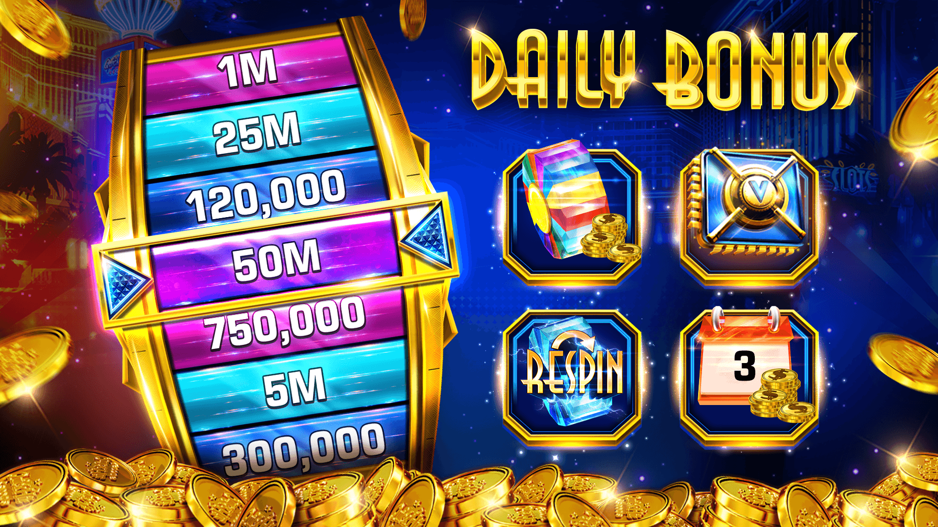 Quick Hit Slots store art for the Daily Bonus, a gold-framed reel of prizes reading 1M, 25M, 120,000, 50M, 750,000, 5M and 300,000 with 50M between the pointers, beside four bonus icons including a Respin badge and a calendar marked 3