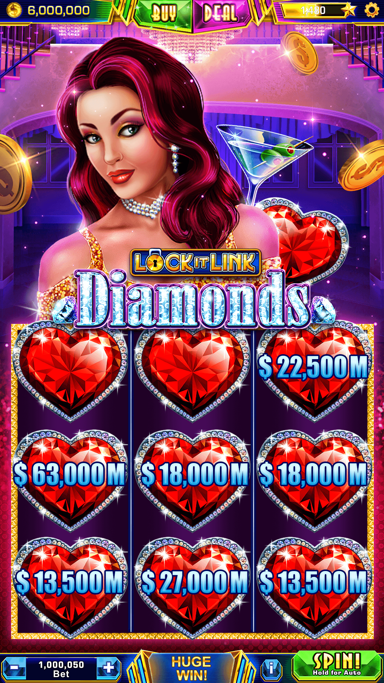 The Lock It Link Diamonds machine in Quick Hit Slots with held heart symbols carrying values from 13,500M to 63,000M