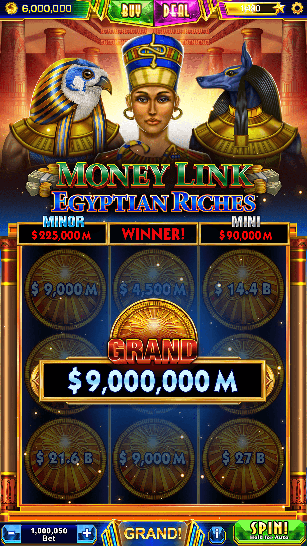 The Money Link Egyptian Riches machine in Quick Hit Slots showing a Grand total of 9,000,000M above held coin symbols
