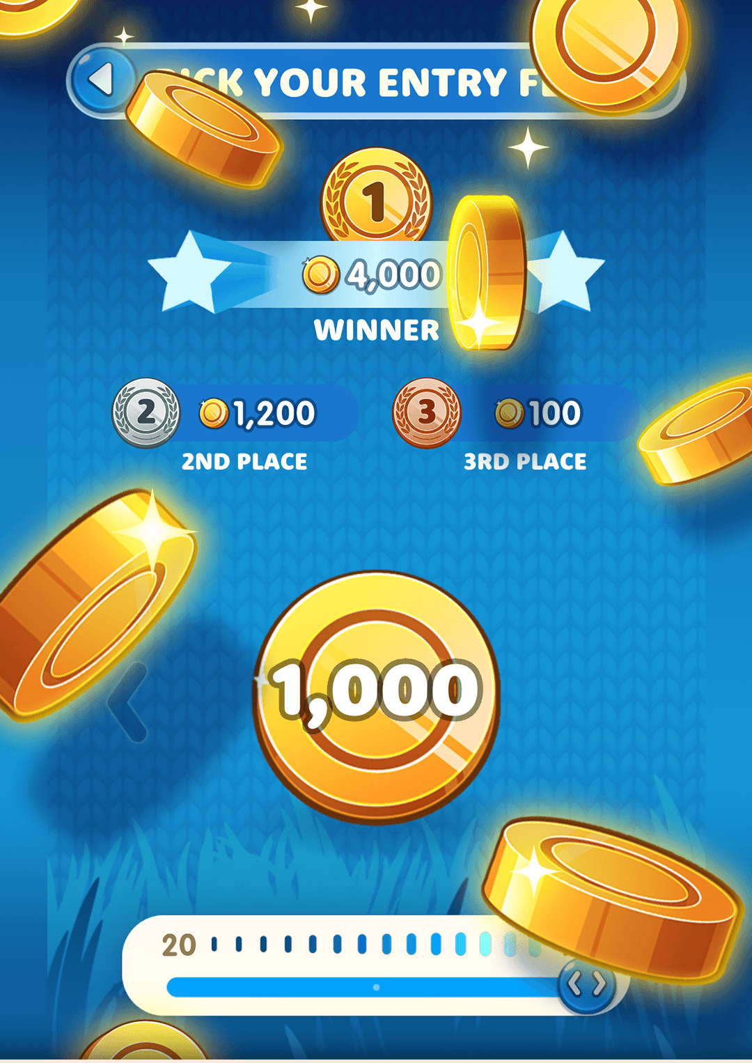 The Royal Dice entry-fee picker for a tournament, a slider set to 1,000 Coins with prizes above it of 4,000 for the winner, 1,200 for second place and 100 for third