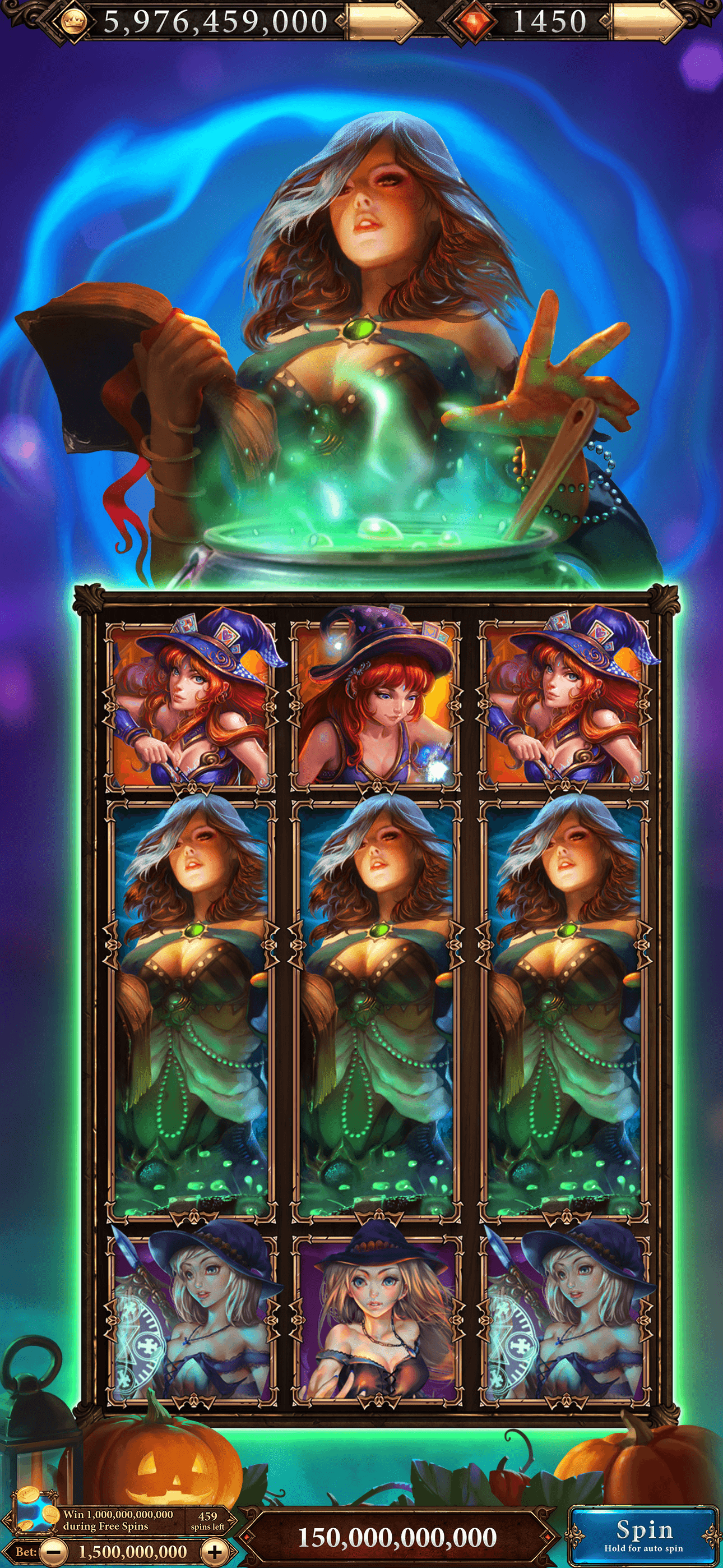 A Scatter Slots machine mid-spin with the coin and gem balances along the top and the bet and Spin controls below