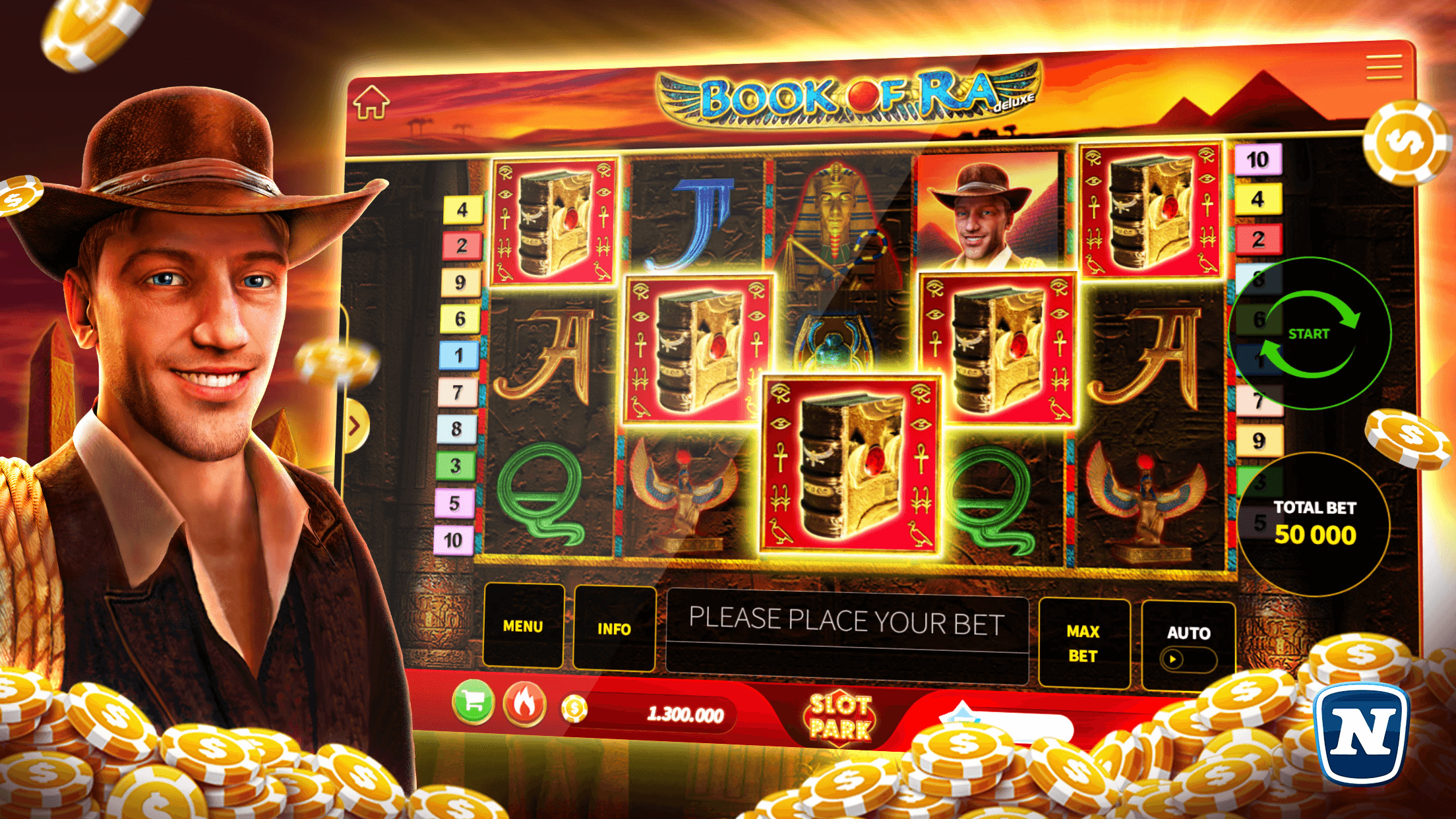 The Book of Ra Deluxe machine in Slotpark, with a total bet of 50,000 and a Novomatic logo in the corner