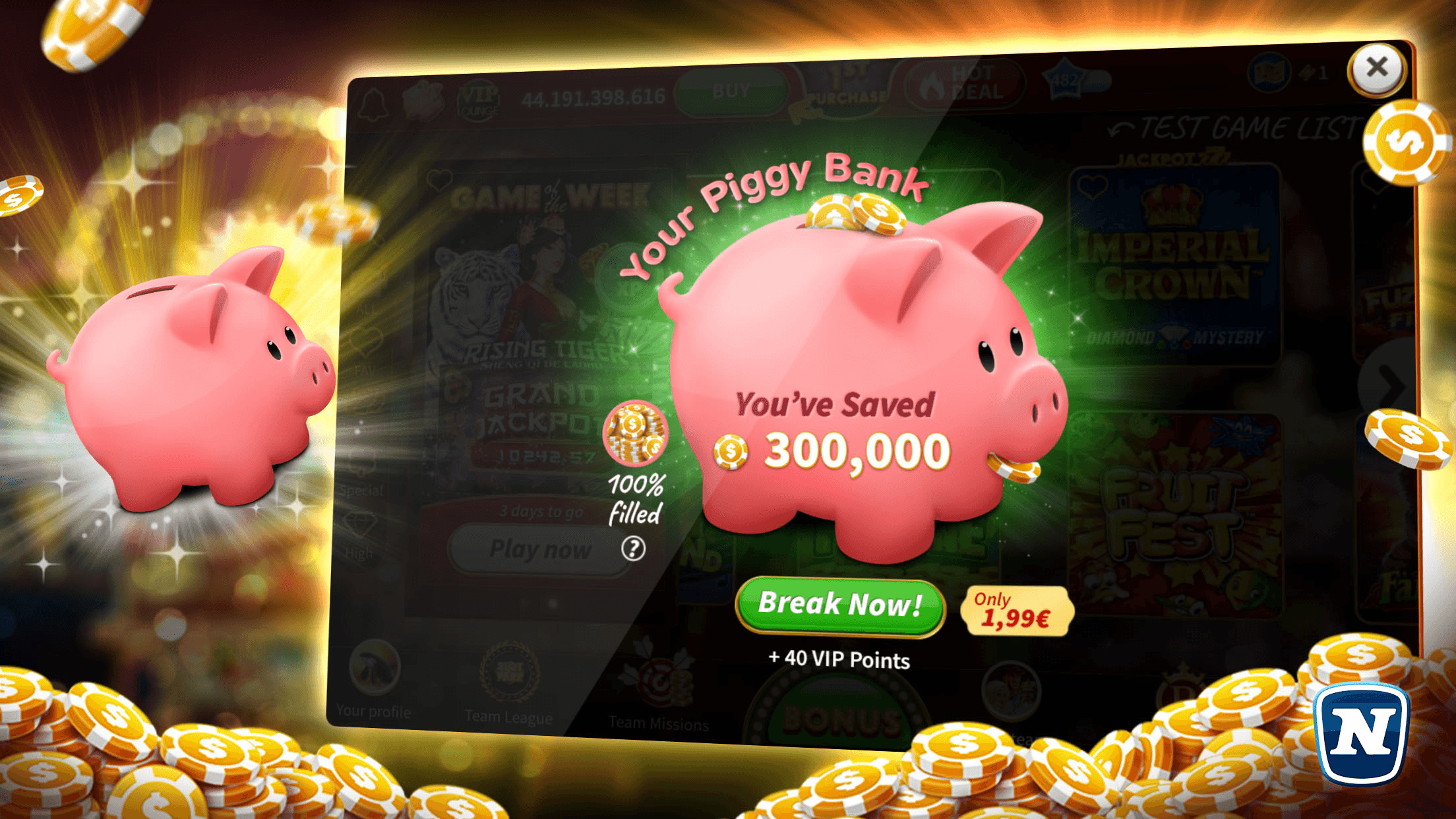 The Slotpark piggy bank showing 300,000 saved and a Break Now button priced at 2.99 euros